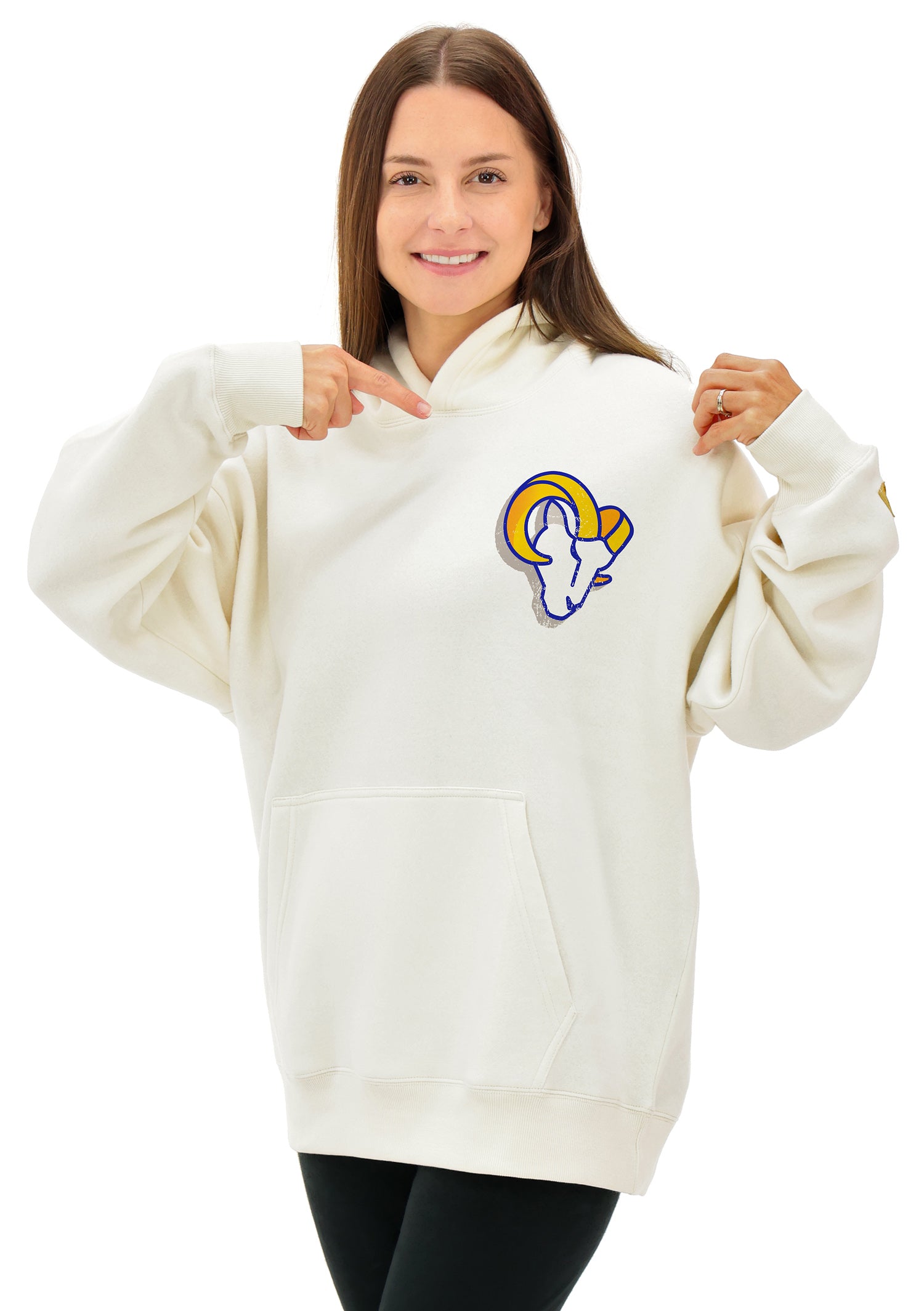 Zubaz NFL UNISEX 90s Vintage First Down Drop Shoulder Hoodie- Off White, LOS ANGELES RAMS - Official NFL Rams Zubaz Apparel