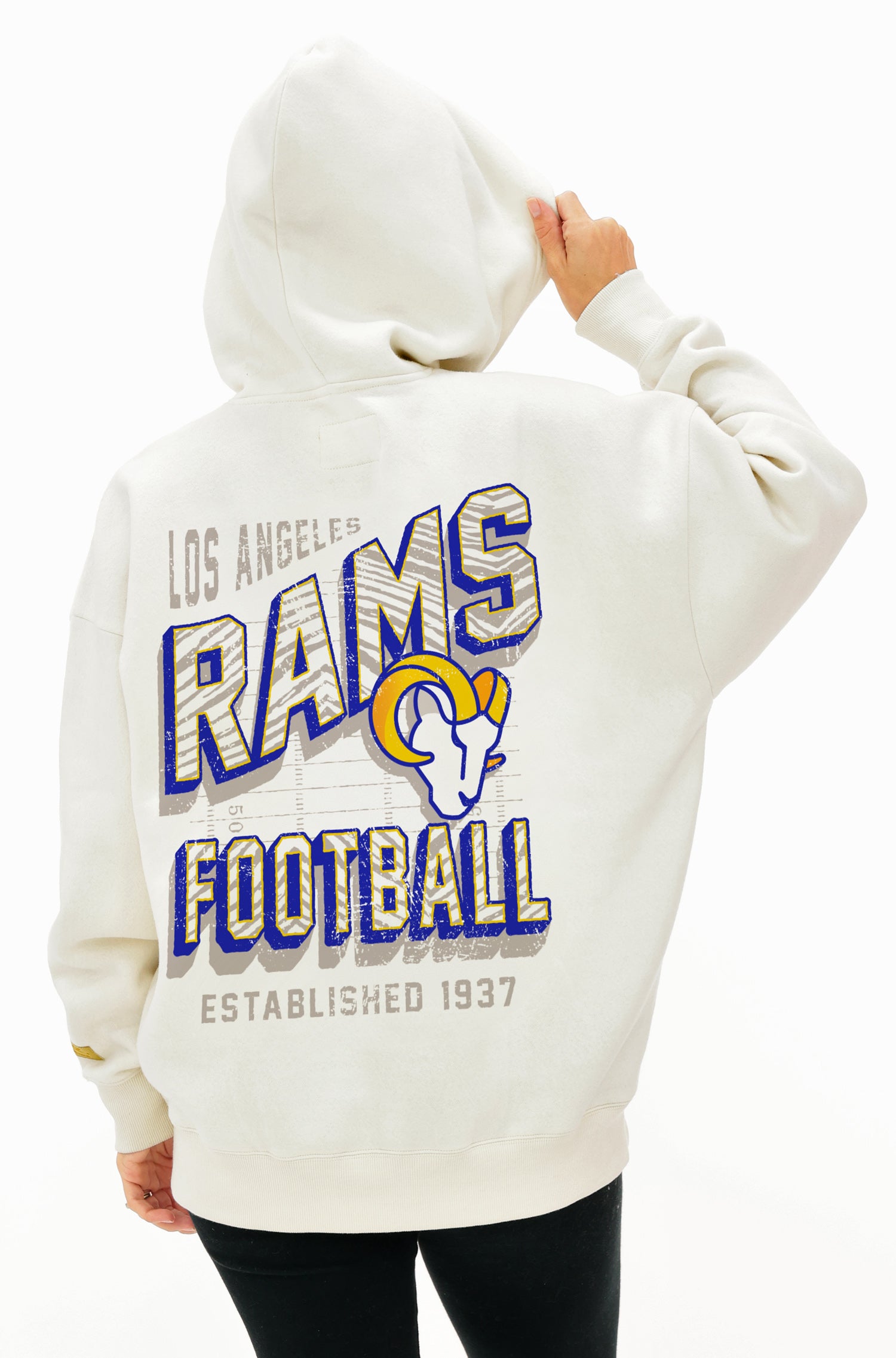 Zubaz NFL UNISEX 90s Vintage Shadow Drop Shoulder Hoodie- Off White, LOS ANGELES RAMS