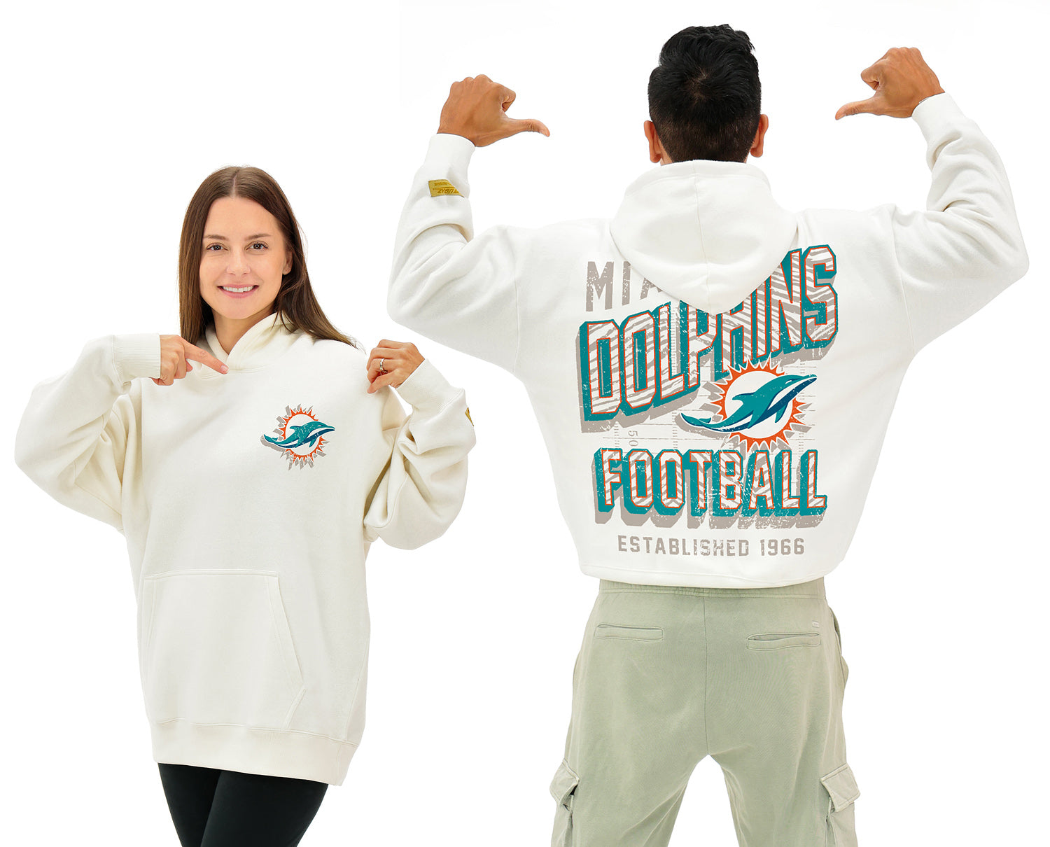 Zubaz NFL UNISEX 90s Vintage First Down Drop Shoulder Hoodie- Off White, MIAMI DOLPHINS - Official NFL Dolphins Zubaz Appare