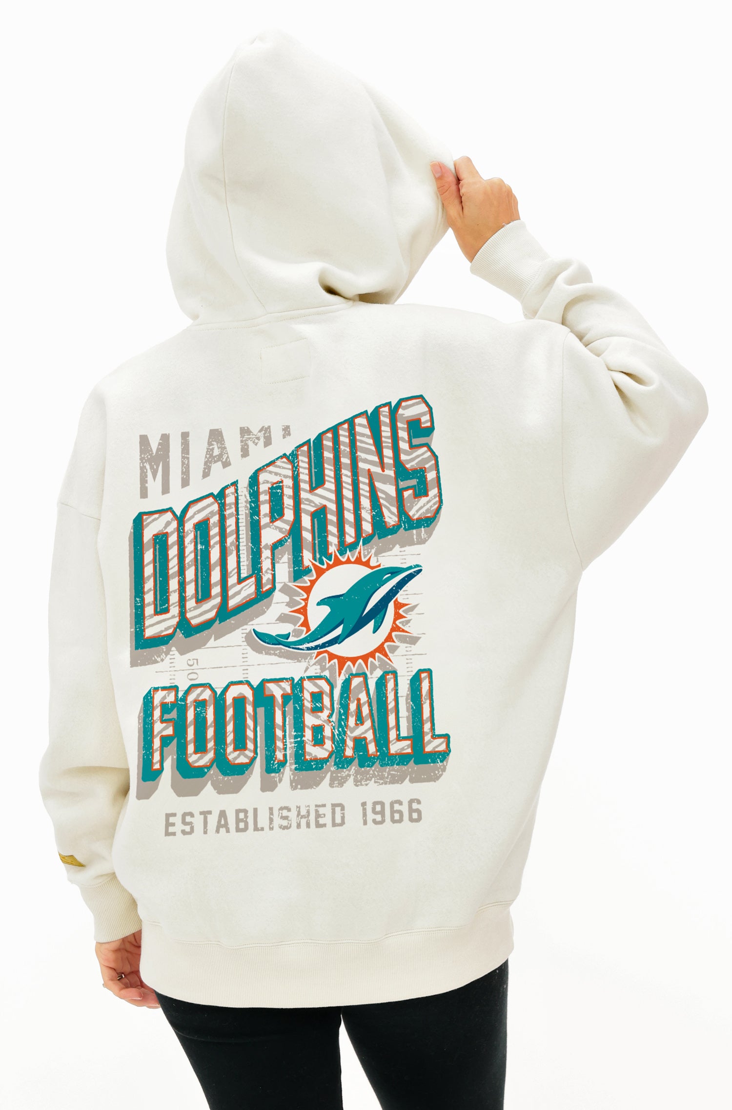 Zubaz NFL UNISEX 90s Vintage First Down Drop Shoulder Hoodie- Off White, MIAMI DOLPHINS - Official NFL Dolphins Zubaz Appare