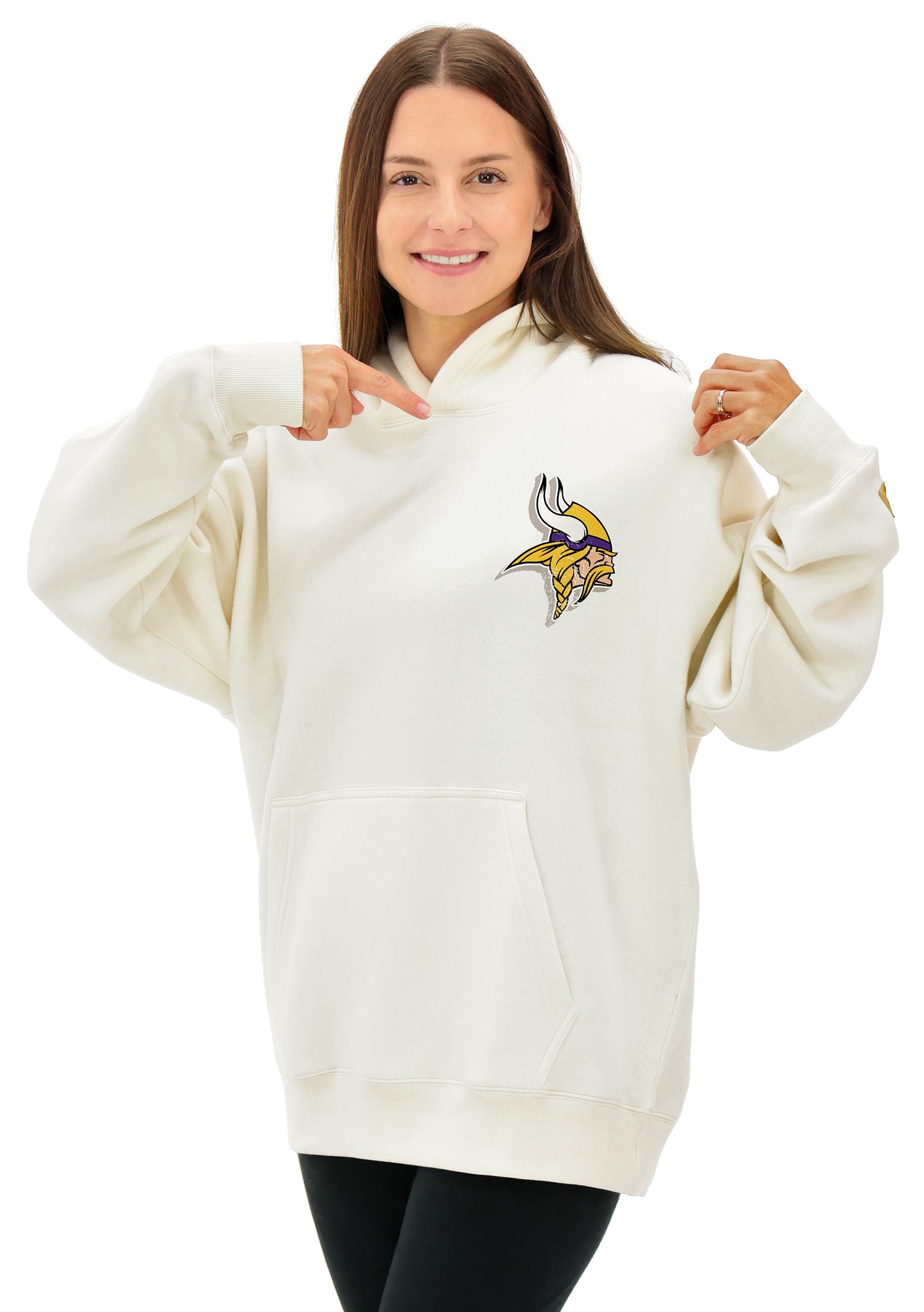 Zubaz NFL UNISEX 90s Vintage First DownDrop Shoulder Hoodie- Off White, MINNESOTA VIKINGS - Official NFL Vikings Zubaz Appar