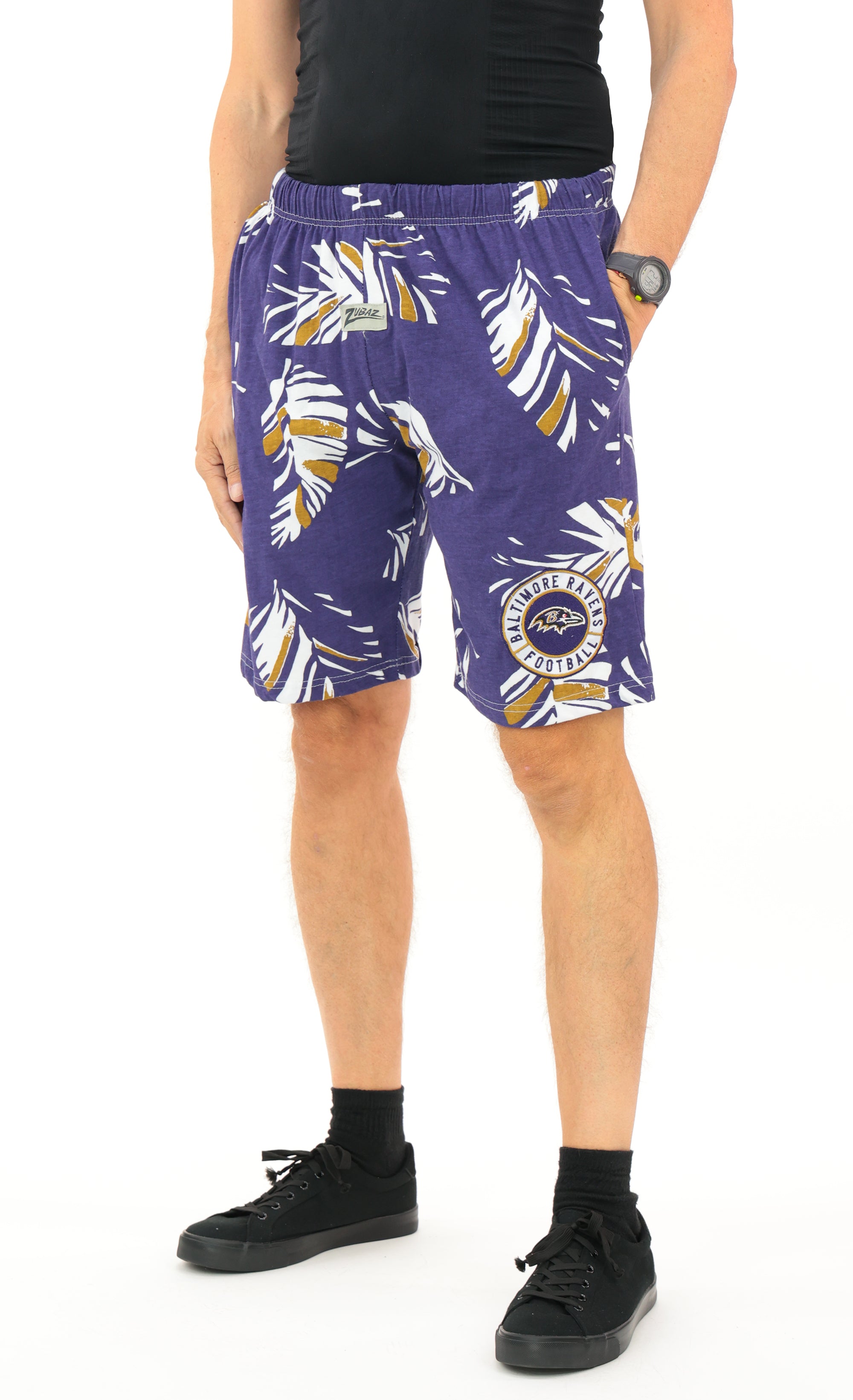 Zubaz NFL Adult Unisex Z88 Embroidered Leaf 3 Team Color Shorts, Baltimore Ravens
