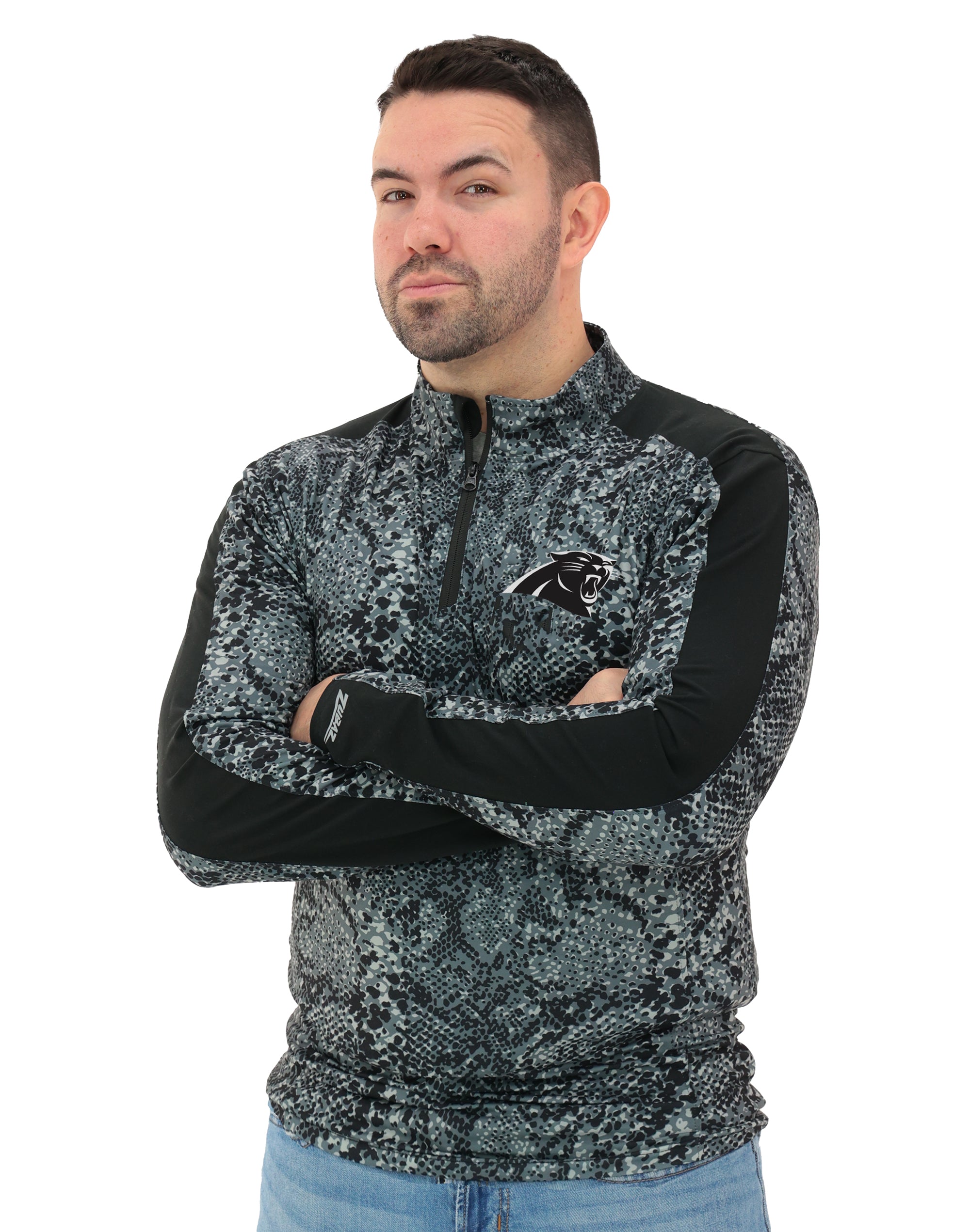 Zubaz NFL Men's Elevated Tonal Post 1/4 Zip, CAROLINA PANTHERS