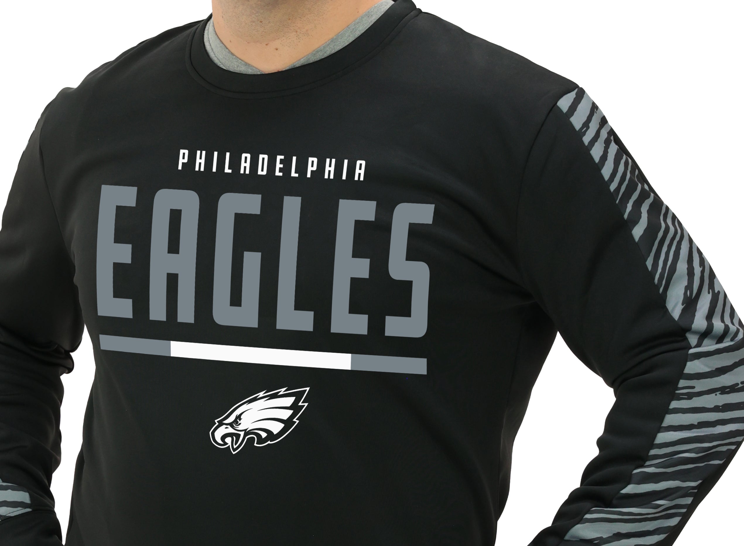 Zubaz NFL Men's Linebacker 2 Color Zebra Long Sleeve Panel Crewneck Sweatshirt, PHILADELPHIA EAGLES