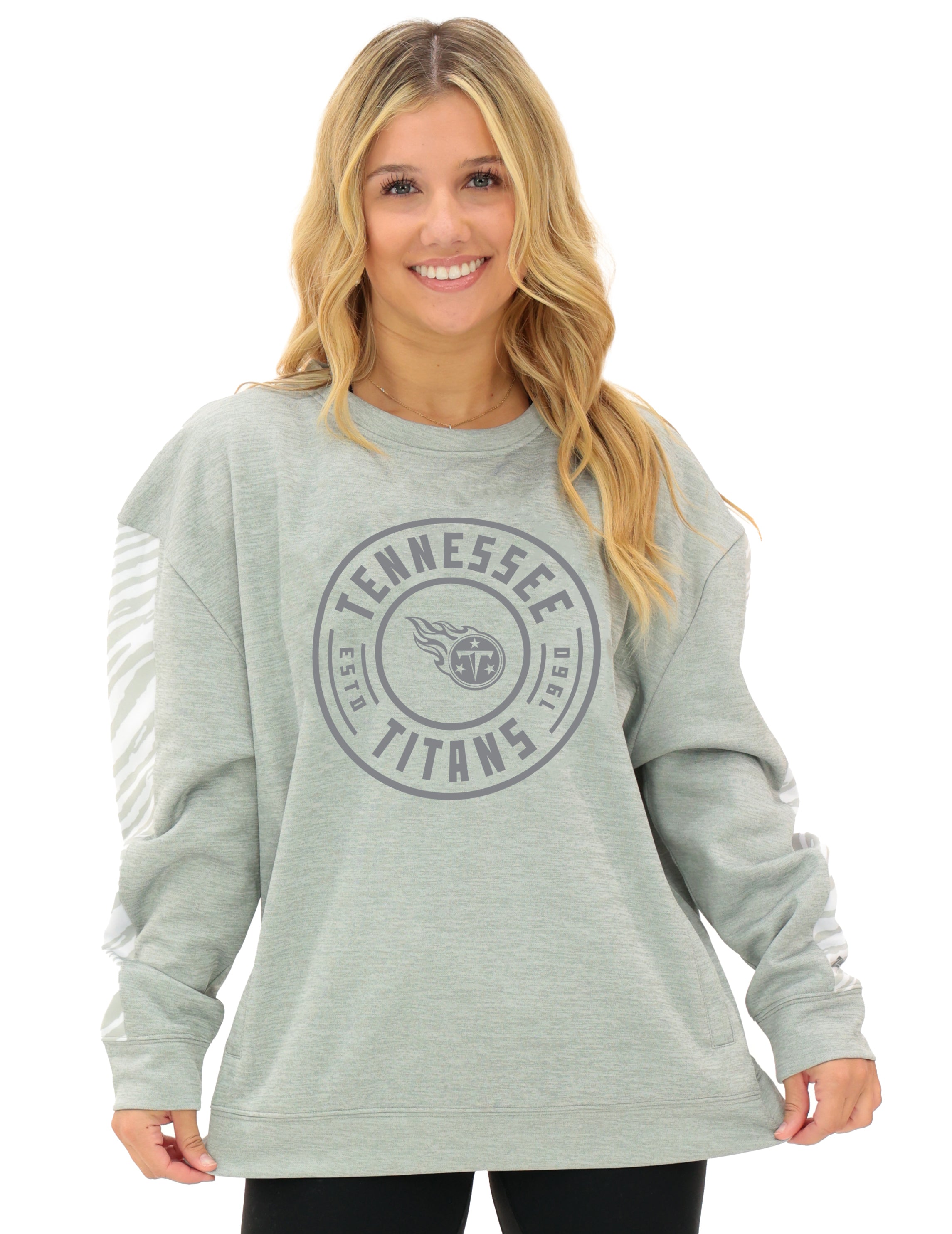 Zubaz NFL Women's Offense 2 Color Tonal Zebra Arm Panels Crewneck with Pockets, TENNESSEE TITANS