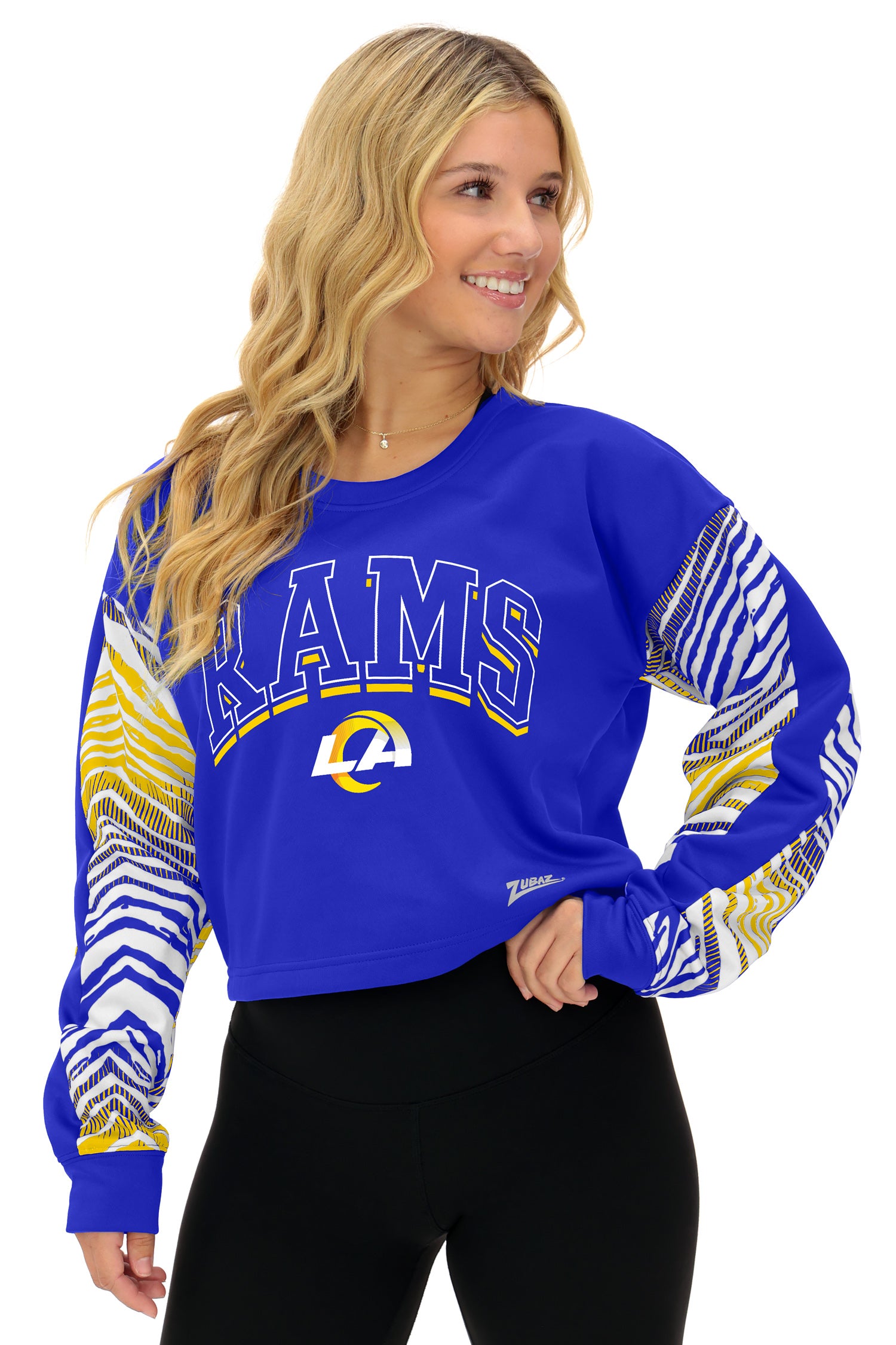 Zubaz NFL Women's Classic Arch Crop Top with Zebra Ombre Sleeves, LOS ANGELES RAMS