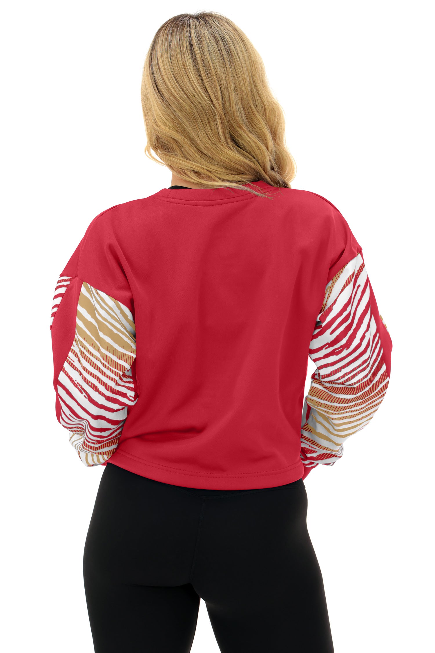 Zubaz NFL Women's Classic Arch Crop Top with Zebra Ombre Sleeves, SAN FRANCISCO 49ERS