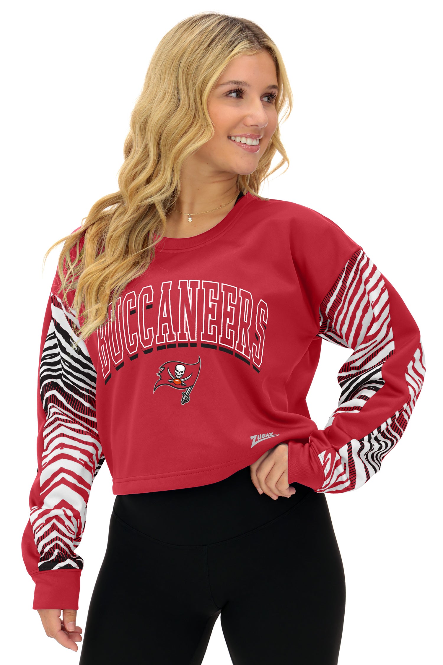 Zubaz NFL Women's Classic Arch Crop Top with Zebra Ombre Sleeves, TAMPA BAY BUCCANEERS