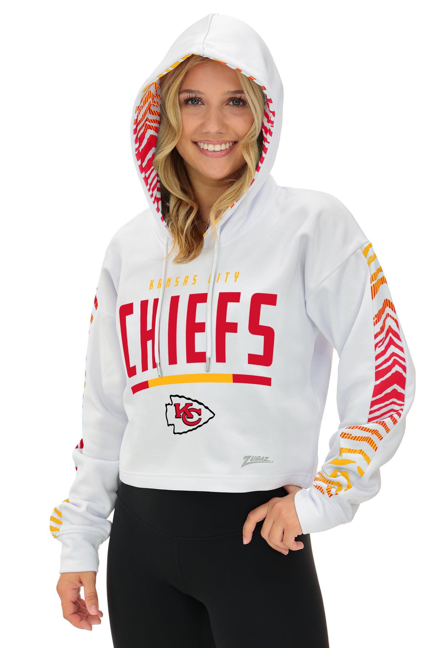 Zubaz NFL Women's Linebacker Zebra Ombre Crop Top Hoodie, KANSAS CITY CHIEFS