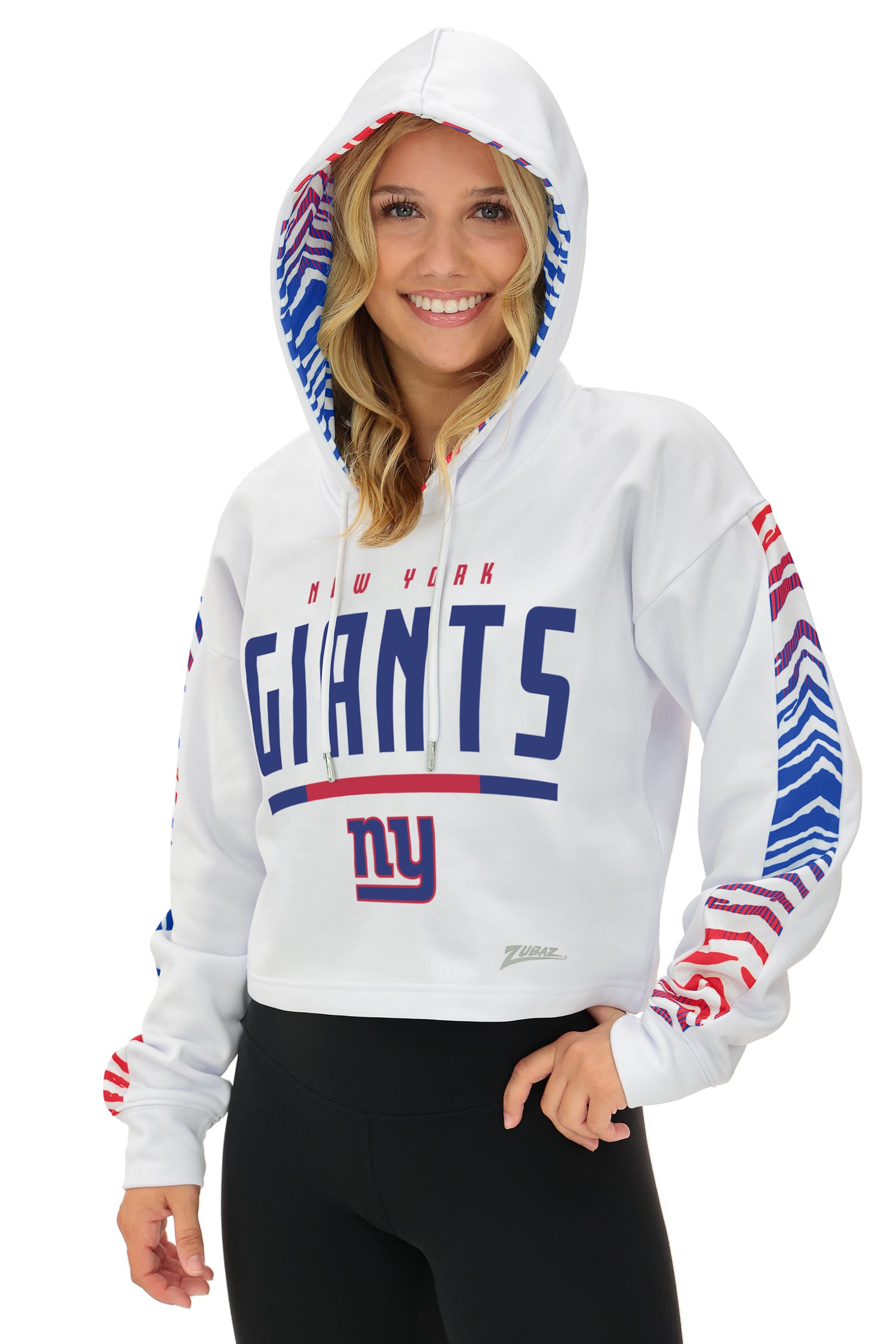 Zubaz NFL Women's Linebacker Zebra Ombre Crop Top Hoodie, NEW YORK GIANTS