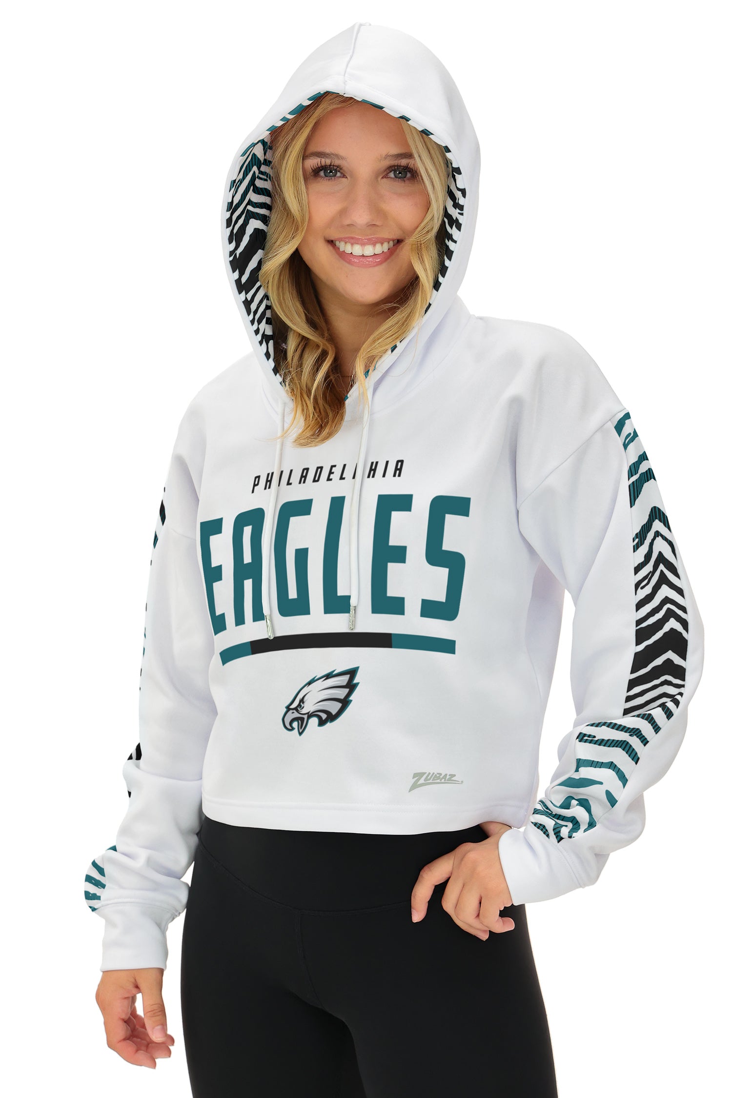 Zubaz NFL Women's Linebacker Zebra Ombre Crop Top Hoodie, PHILADELPHIA EAGLES