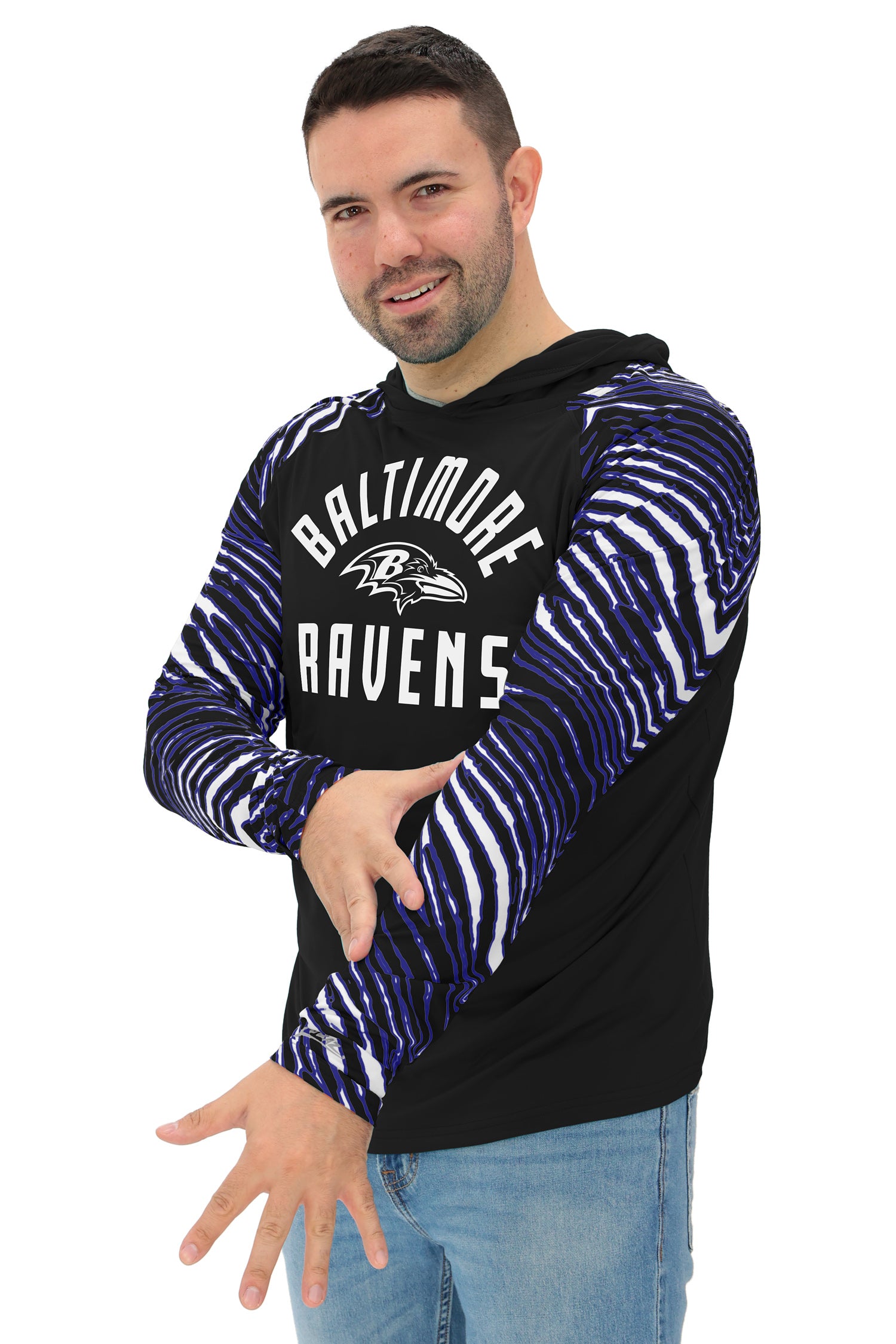 Zubaz NFL Men's Formation 3 Color Zebra Sleeves Lightweight Hoodie, BALTIMORE RAVENS