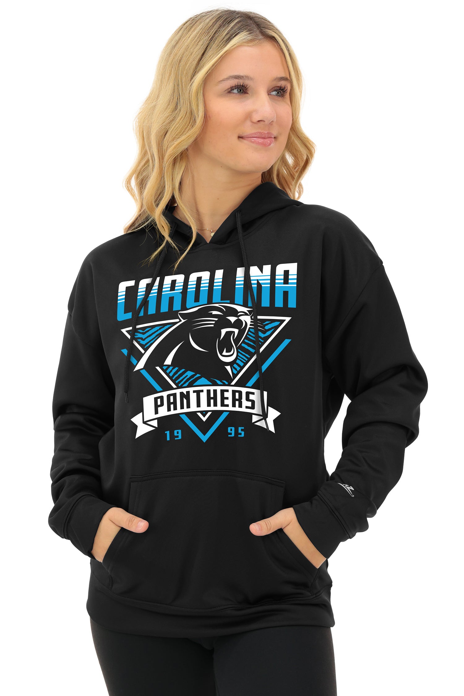 Zubaz NFL Women's Free Play 2 Color Zebra Liner Hoodie, CAROLINA PANTHERS