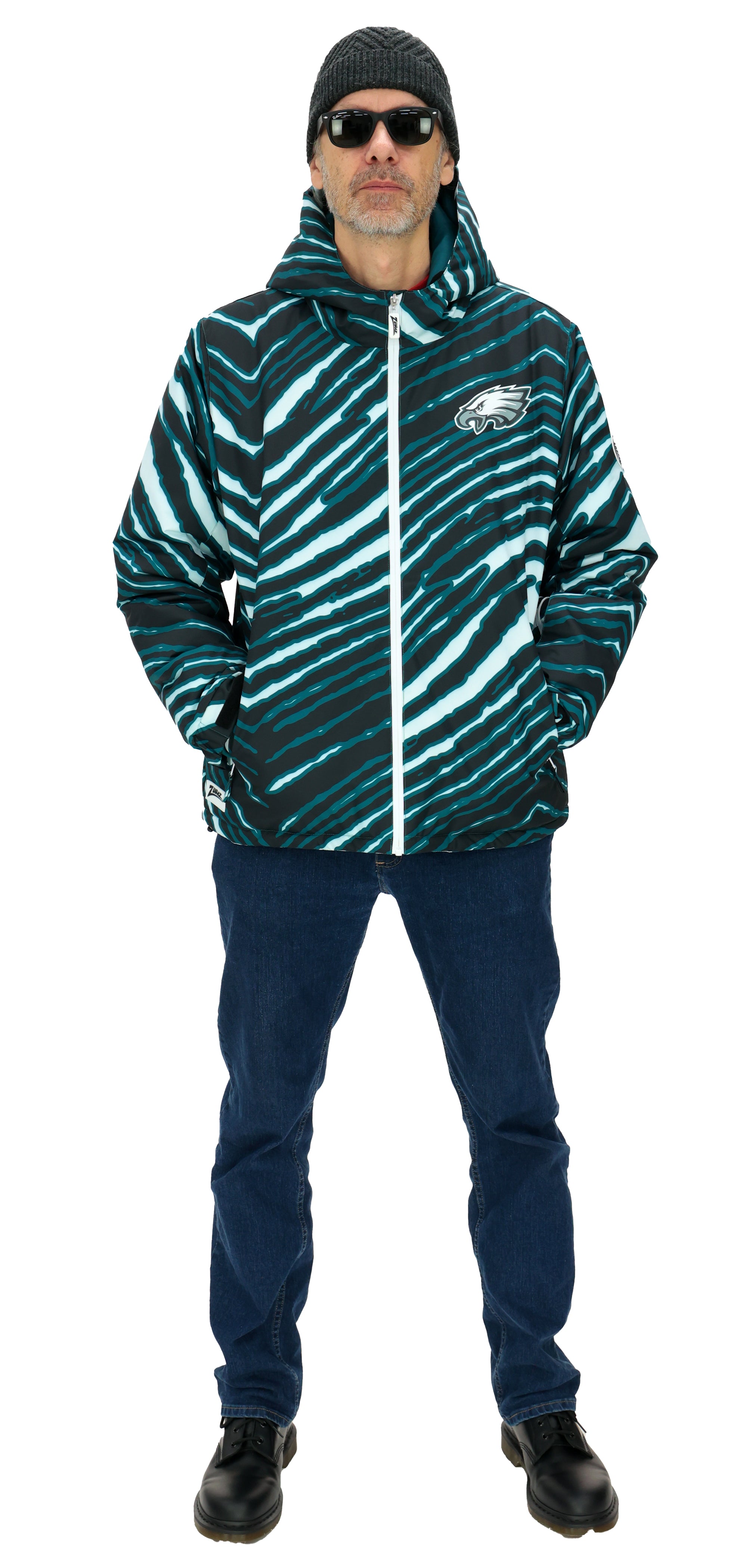 Zubaz NFL Adult Unisex Zebra Team Color Bleacher Blazer Snow Jacket, Philadelphia Eagles