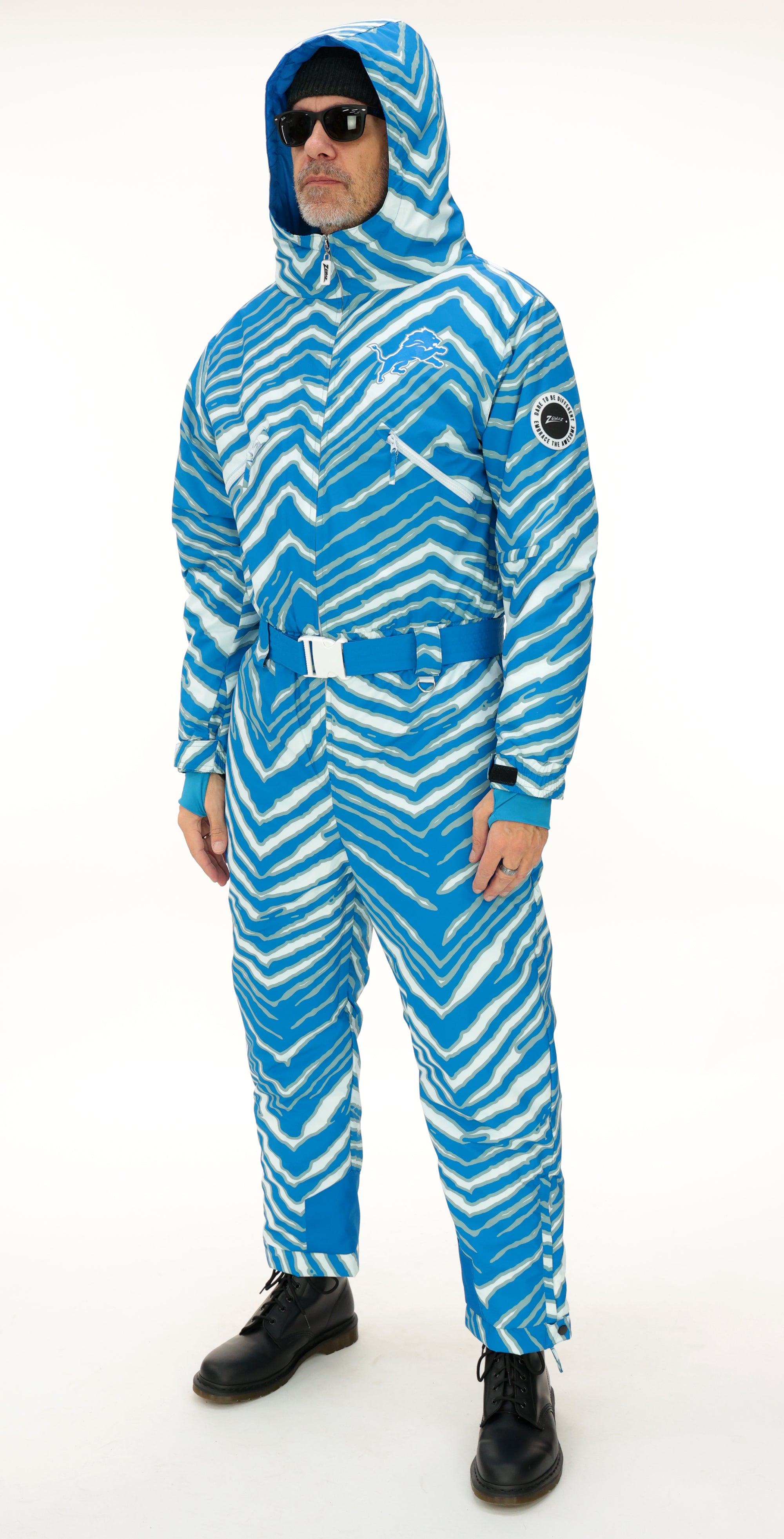 Zubaz NFL Adult Unisex Zebra Team Color Tundra Tux Snowsuit, Detroit Lions