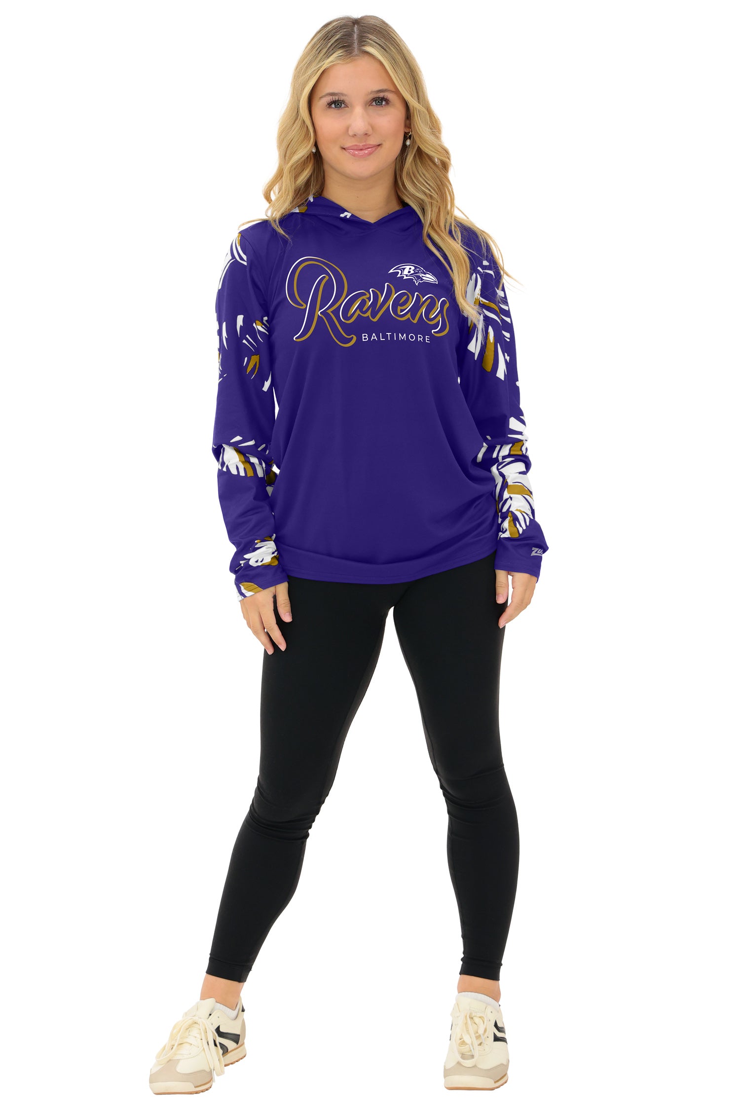 Zubaz NFL WOMEN Casual Script Leaf Accent Lightweight Hoodie, BALTIMORE RAVENS