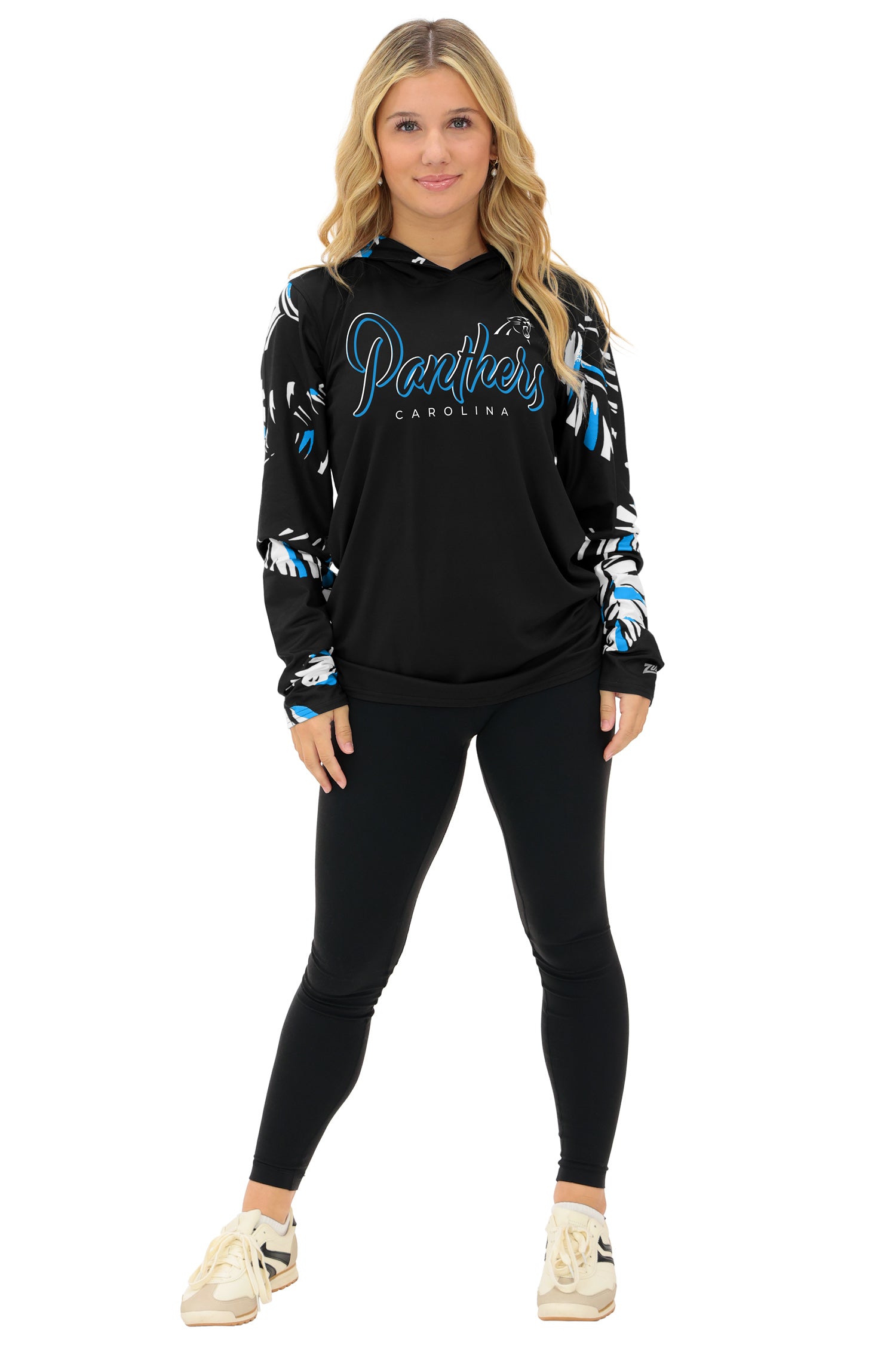 Zubaz NFL WOMEN Casual Script Leaf Accent Lightweight Hoodie, CAROLINA PANTHERS