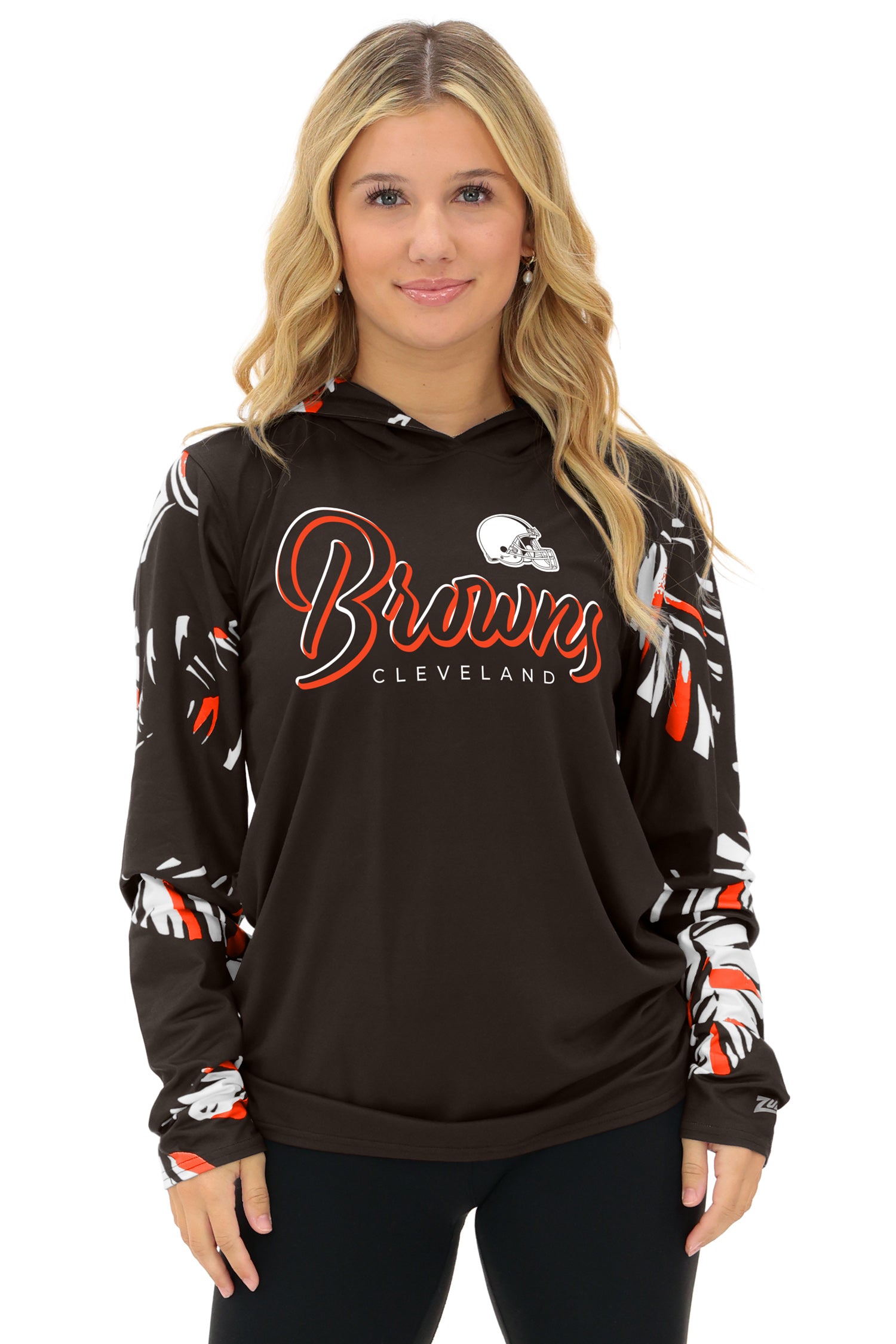 Zubaz NFL WOMEN Casual Script Leaf Accent Lightweight Hoodie, CLEVELAND BROWNS