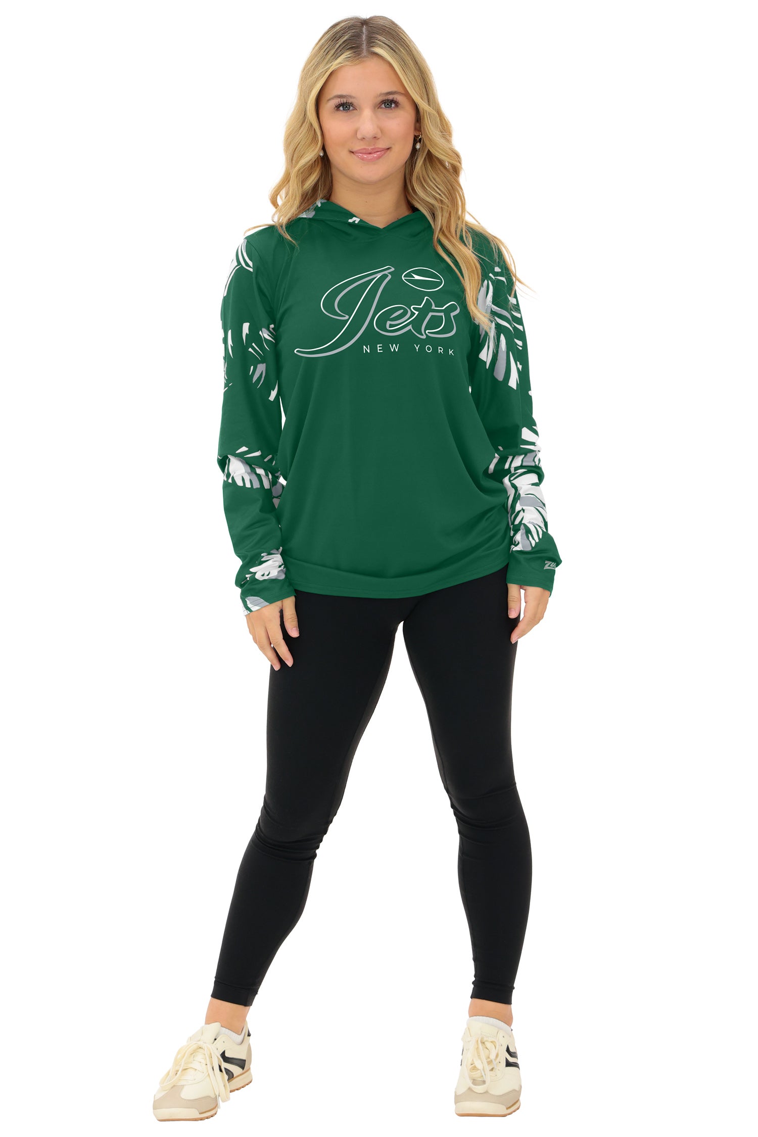 Zubaz NFL WOMEN Casual Script Leaf Accent Lightweight Hoodie, NEW YORK JETS