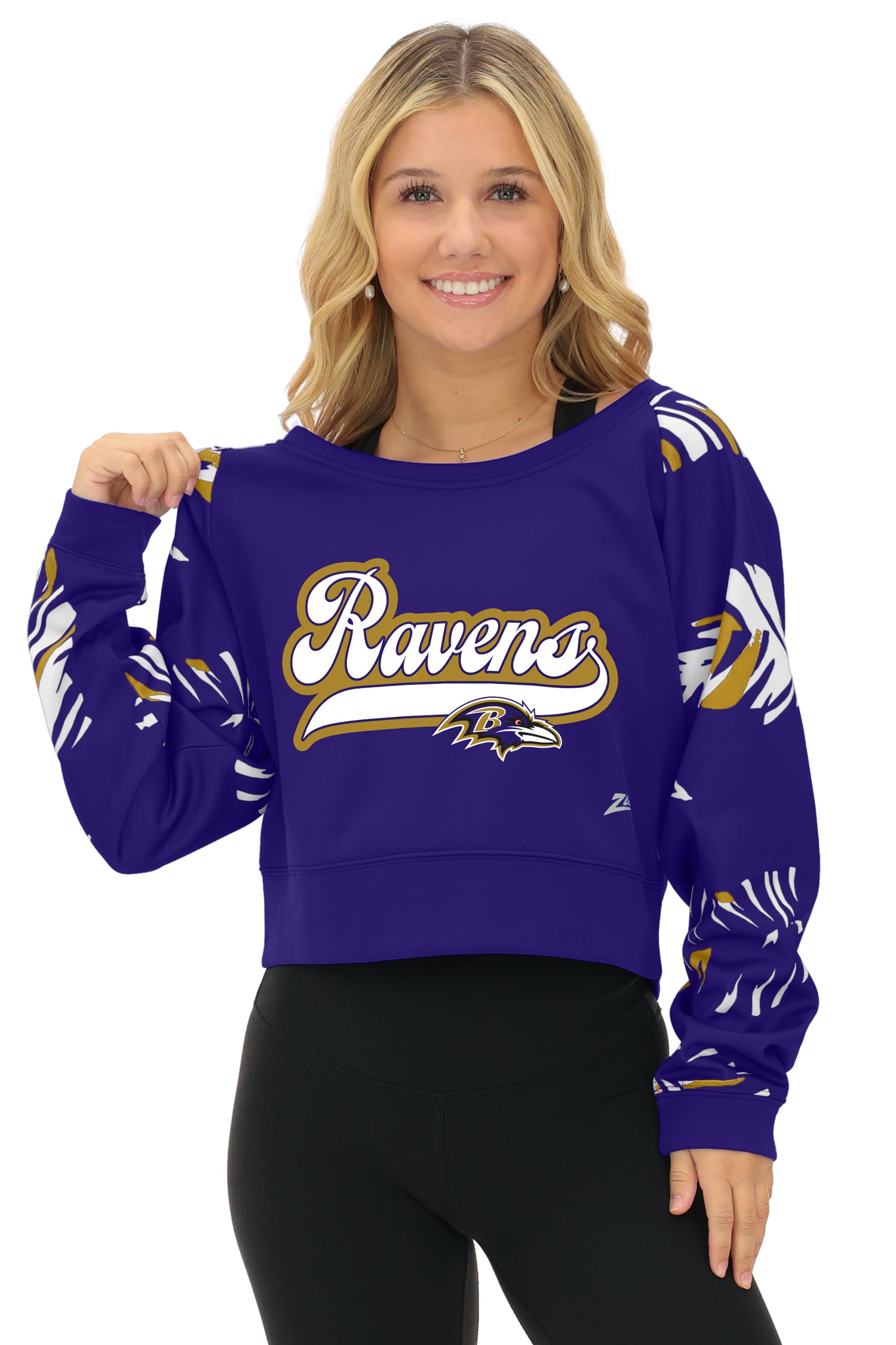 Zubaz NFL Women's Script 3 Color Leaf Boatneck Raglan Crew, BALTIMORE RAVENS