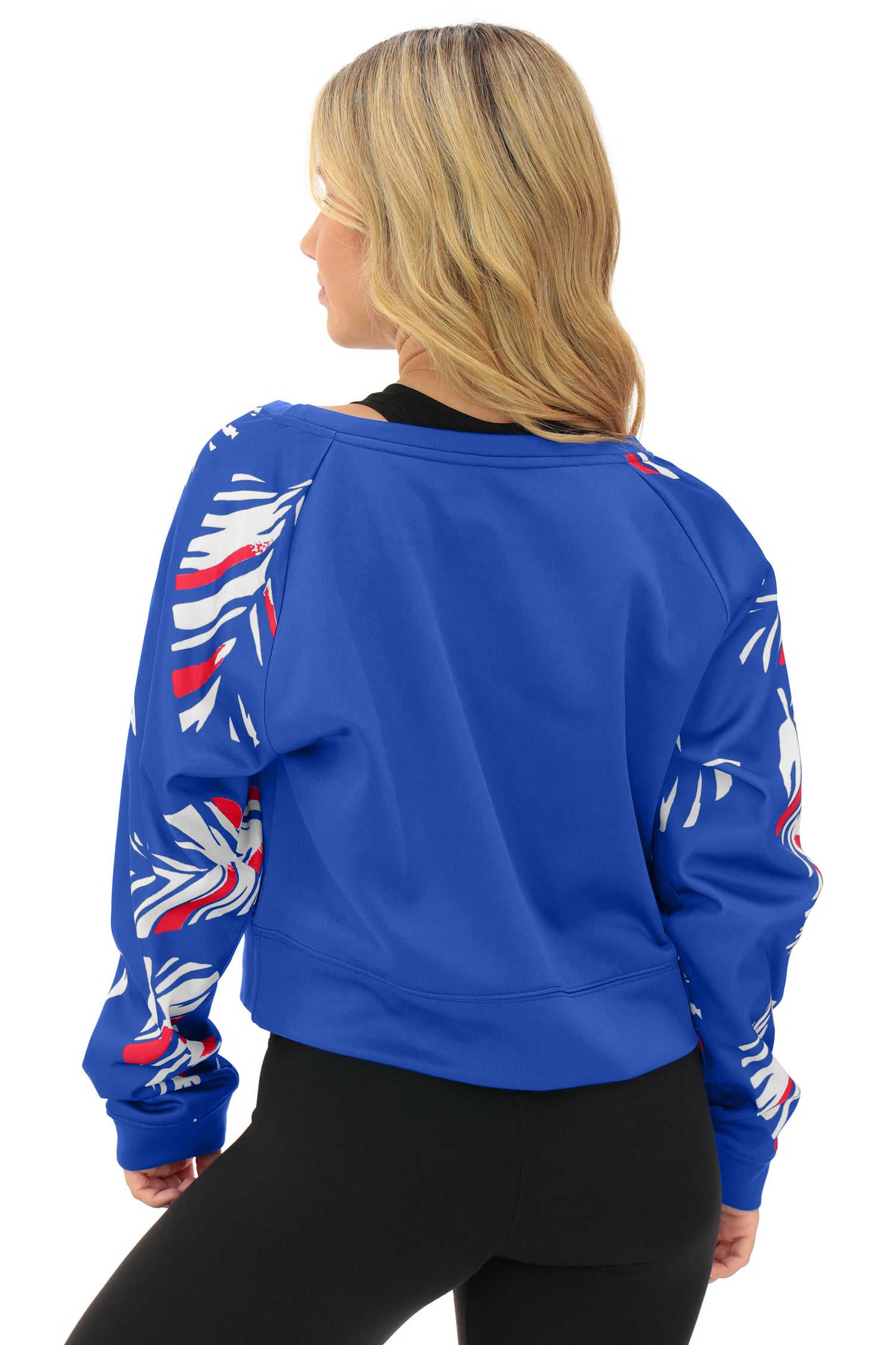 Zubaz NFL Women's Script 3 Color Leaf Boatneck Raglan Crew, BUFFALO BILLS