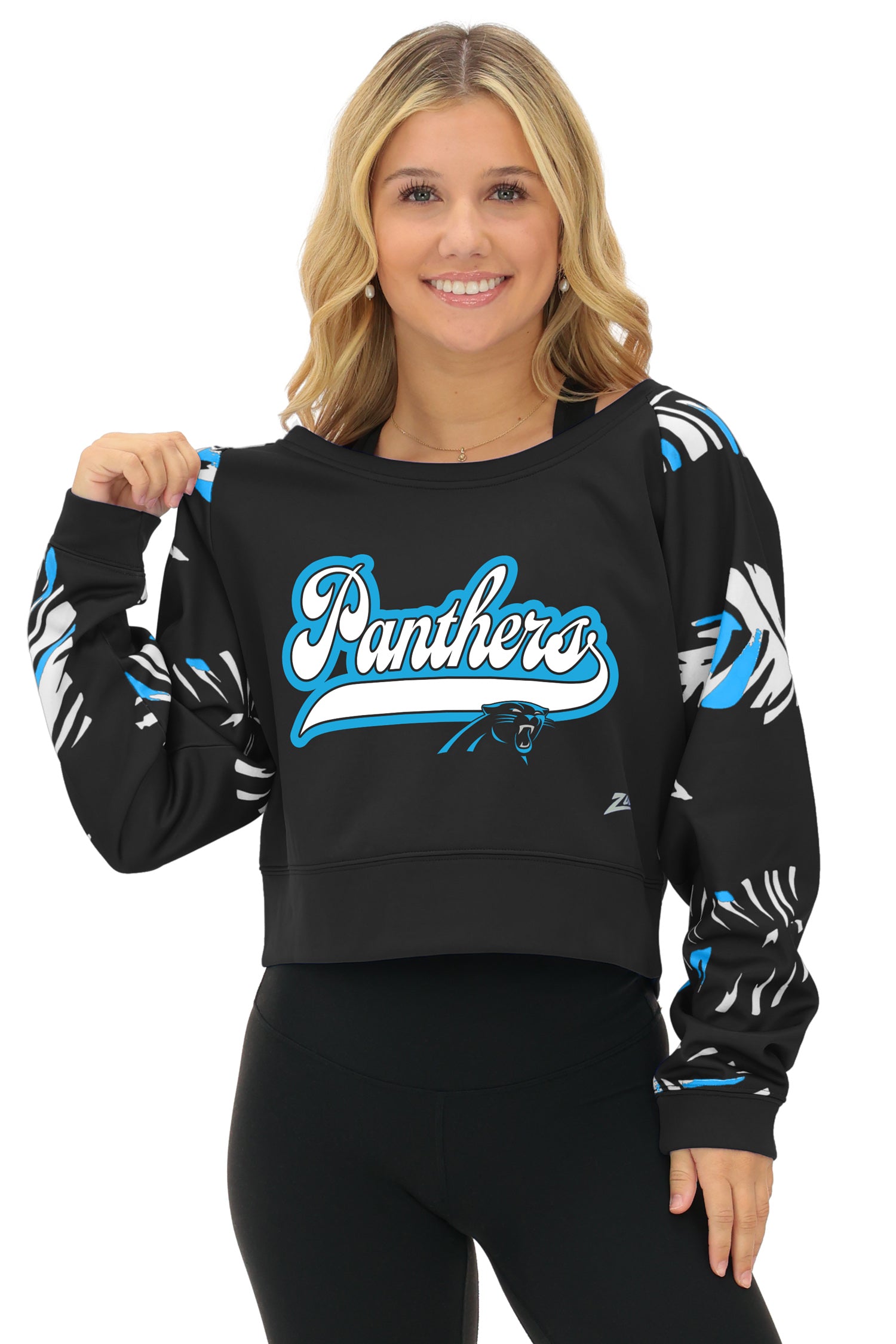 Zubaz NFL Women's Script 3 Color Leaf Boatneck Raglan Crew, CAROLINA PANTHERS