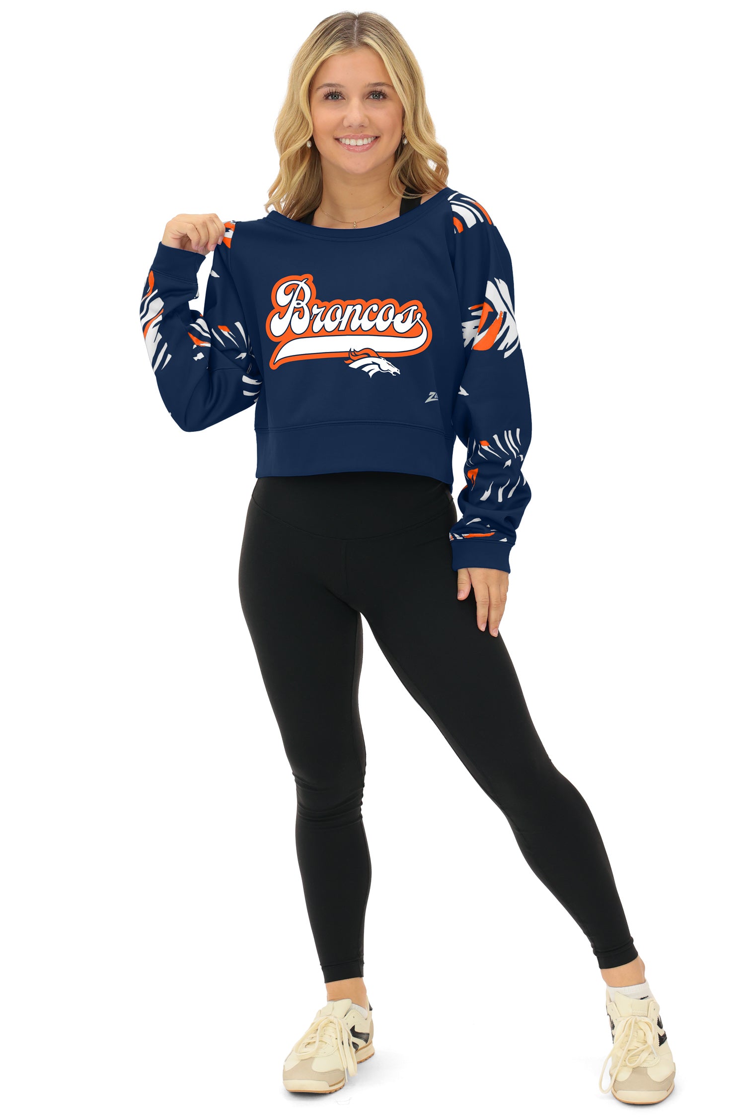Zubaz NFL Women's Script 3 Color Leaf Boatneck Raglan Crew, DENVER BRONCOS