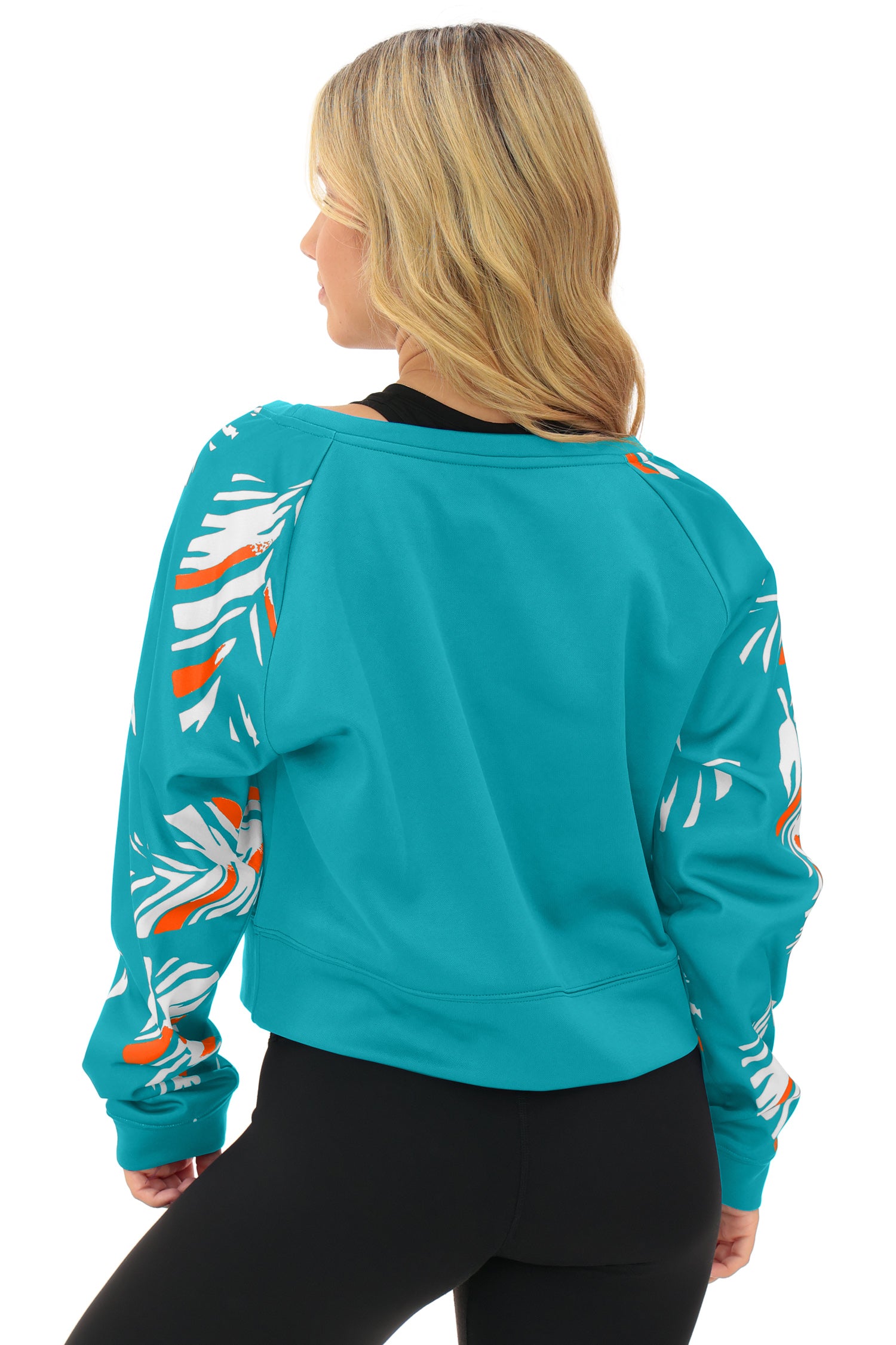 Zubaz NFL Women's Script 3 Color Leaf Boatneck Raglan Crew, MIAMI DOLPHINS