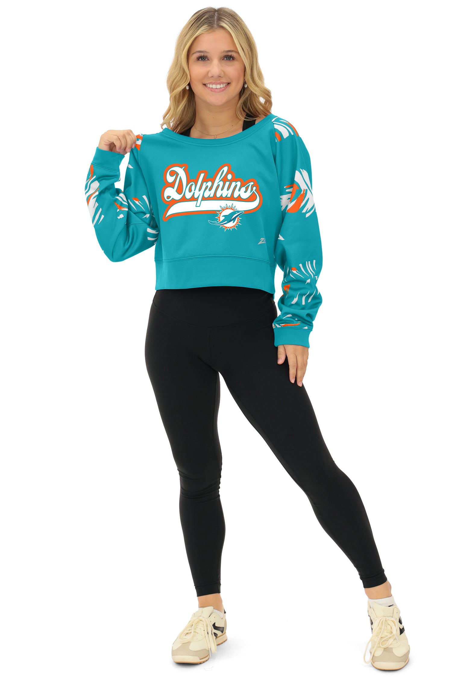 Zubaz NFL Women's Script 3 Color Leaf Boatneck Raglan Crew, MIAMI DOLPHINS