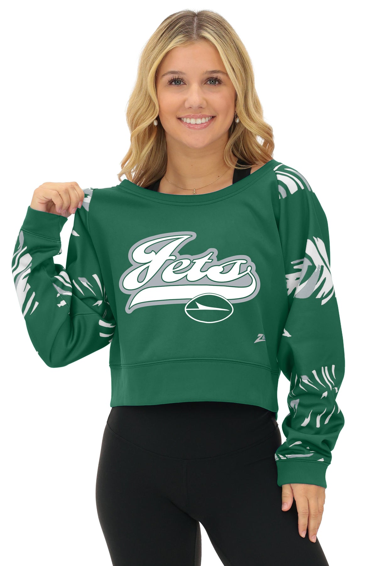 Zubaz NFL New York Jets Women's Team Color 3 Color Leaf Script Fleece Boatneck Raglan Crop Sweatshirt