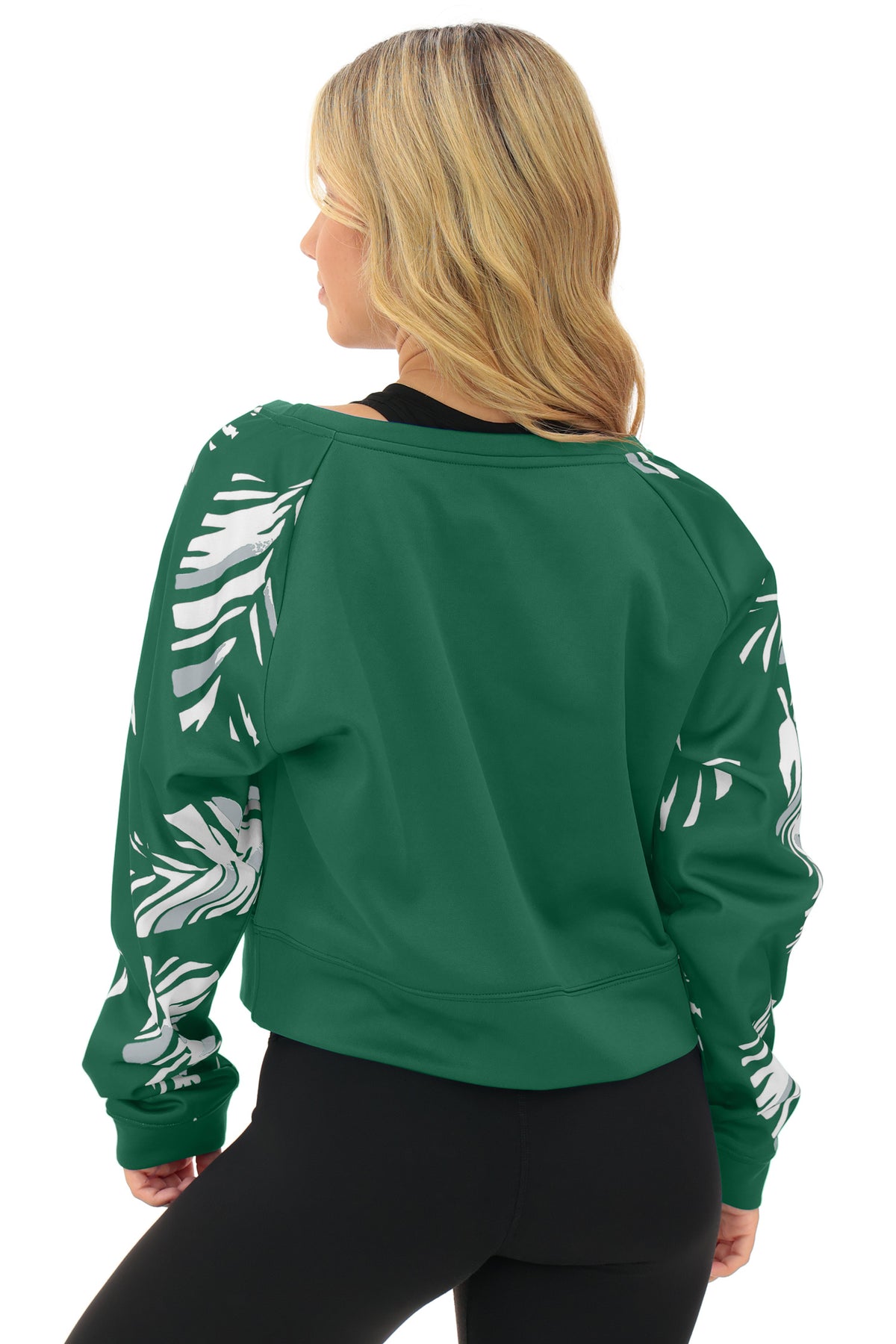 Zubaz NFL New York Jets Women's Team Color 3 Color Leaf Script Fleece Boatneck Raglan Crop Sweatshirt