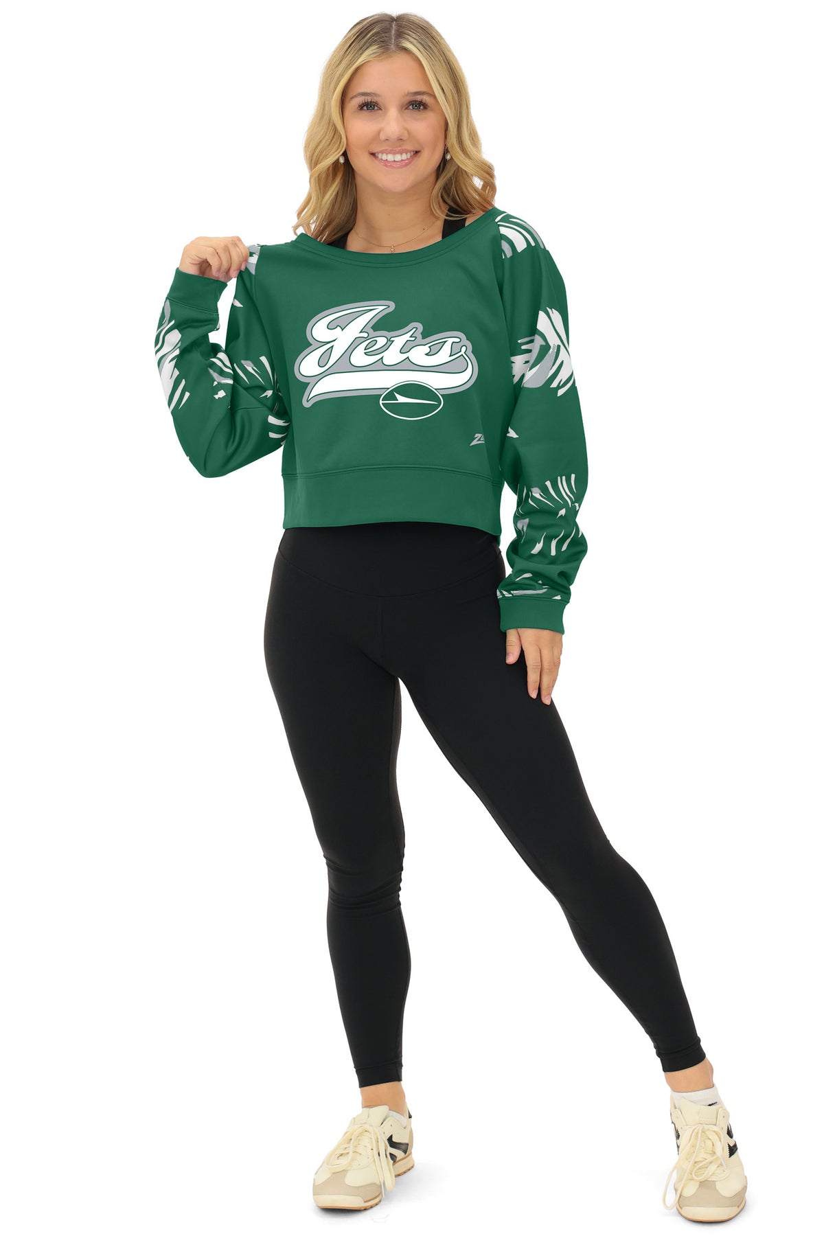 Zubaz NFL New York Jets Women's Team Color 3 Color Leaf Script Fleece Boatneck Raglan Crop Sweatshirt