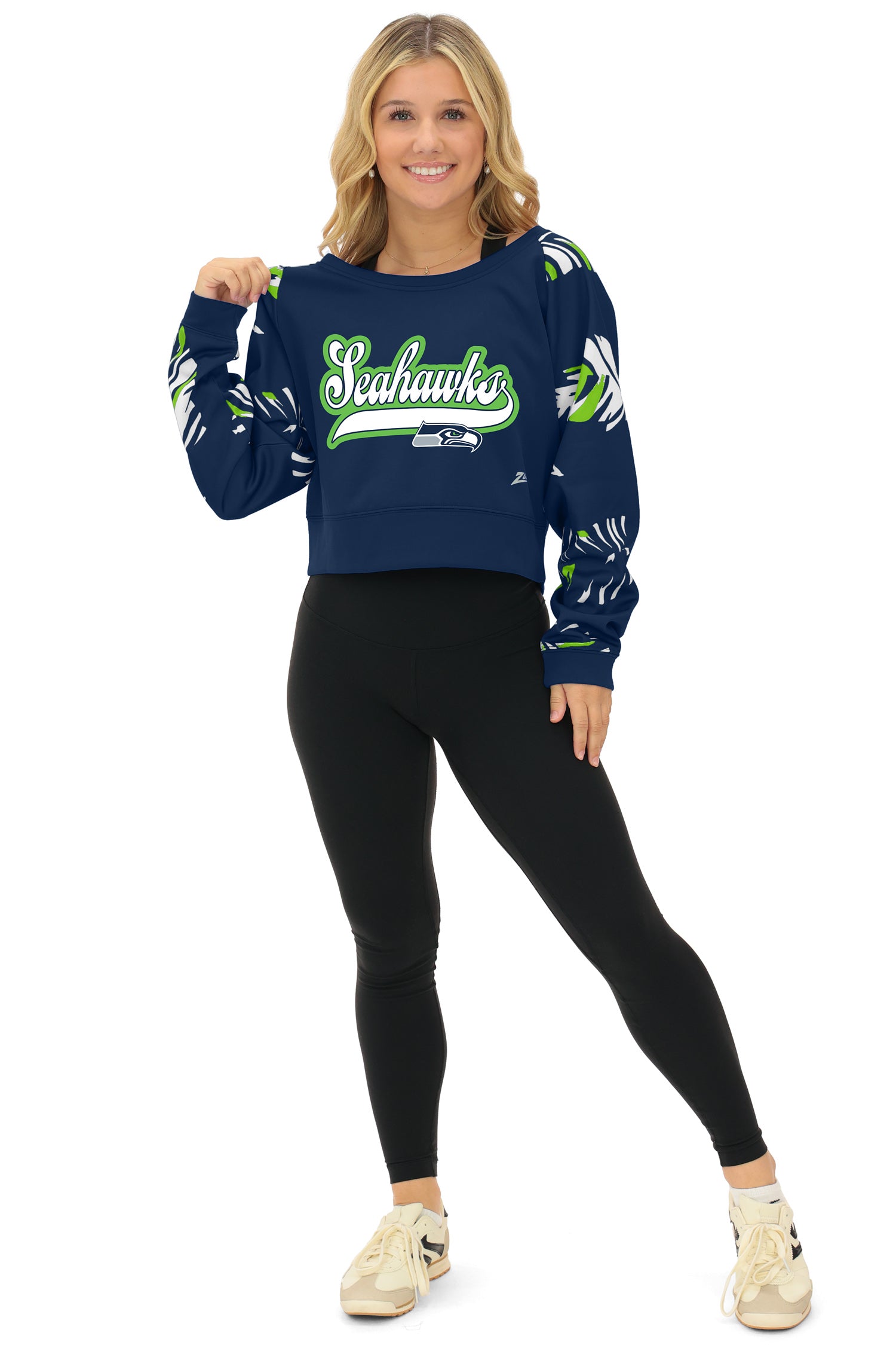 Zubaz NFL Women's Script 3 Color Leaf Boatneck Raglan Crew, SEATTLE SEAHAWKS