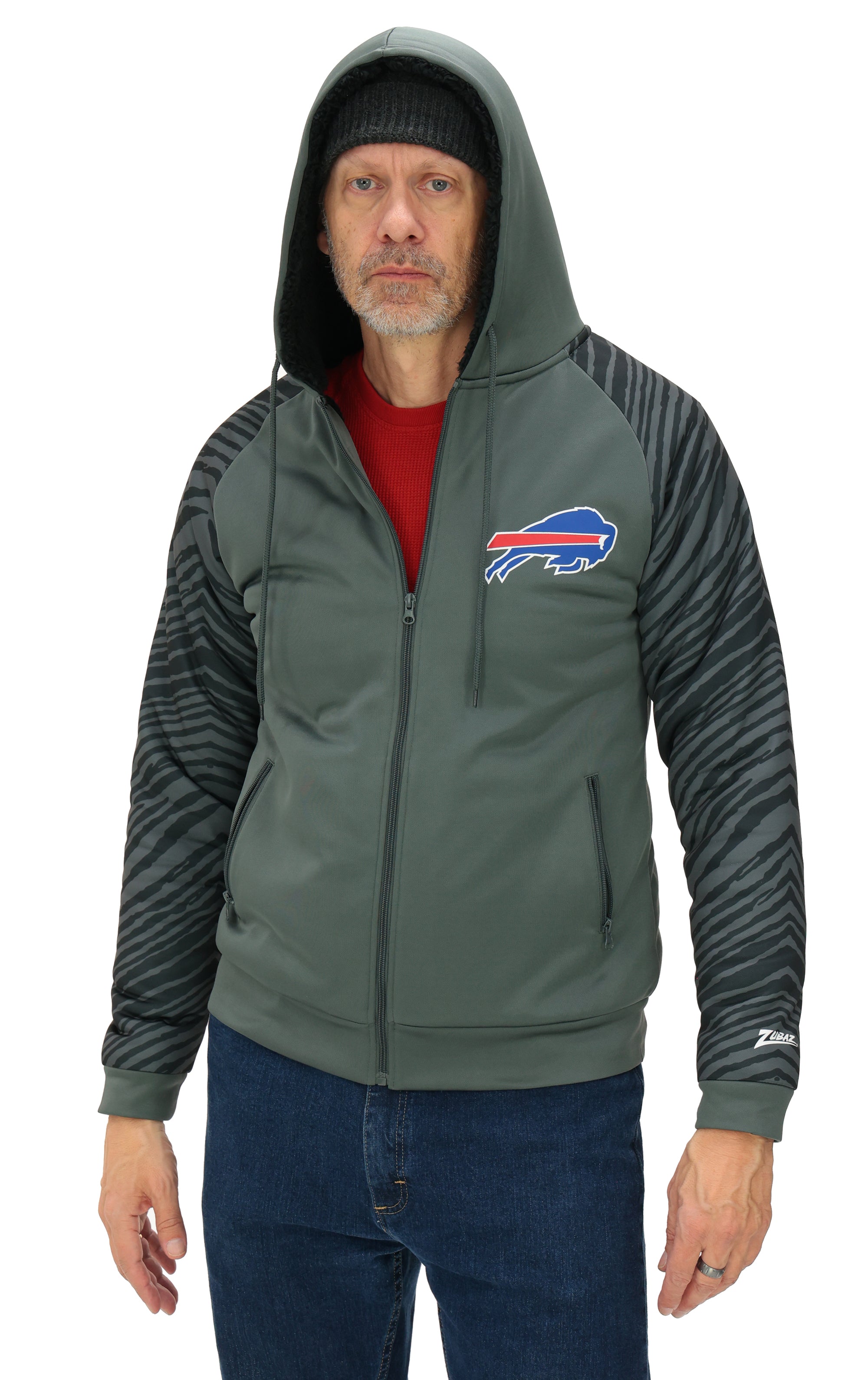 Zubaz NFL Men's Charcoal Tonal Zebra Sherpa Lined Raglan Full Zip Hoodie, BUFFALO BILLS