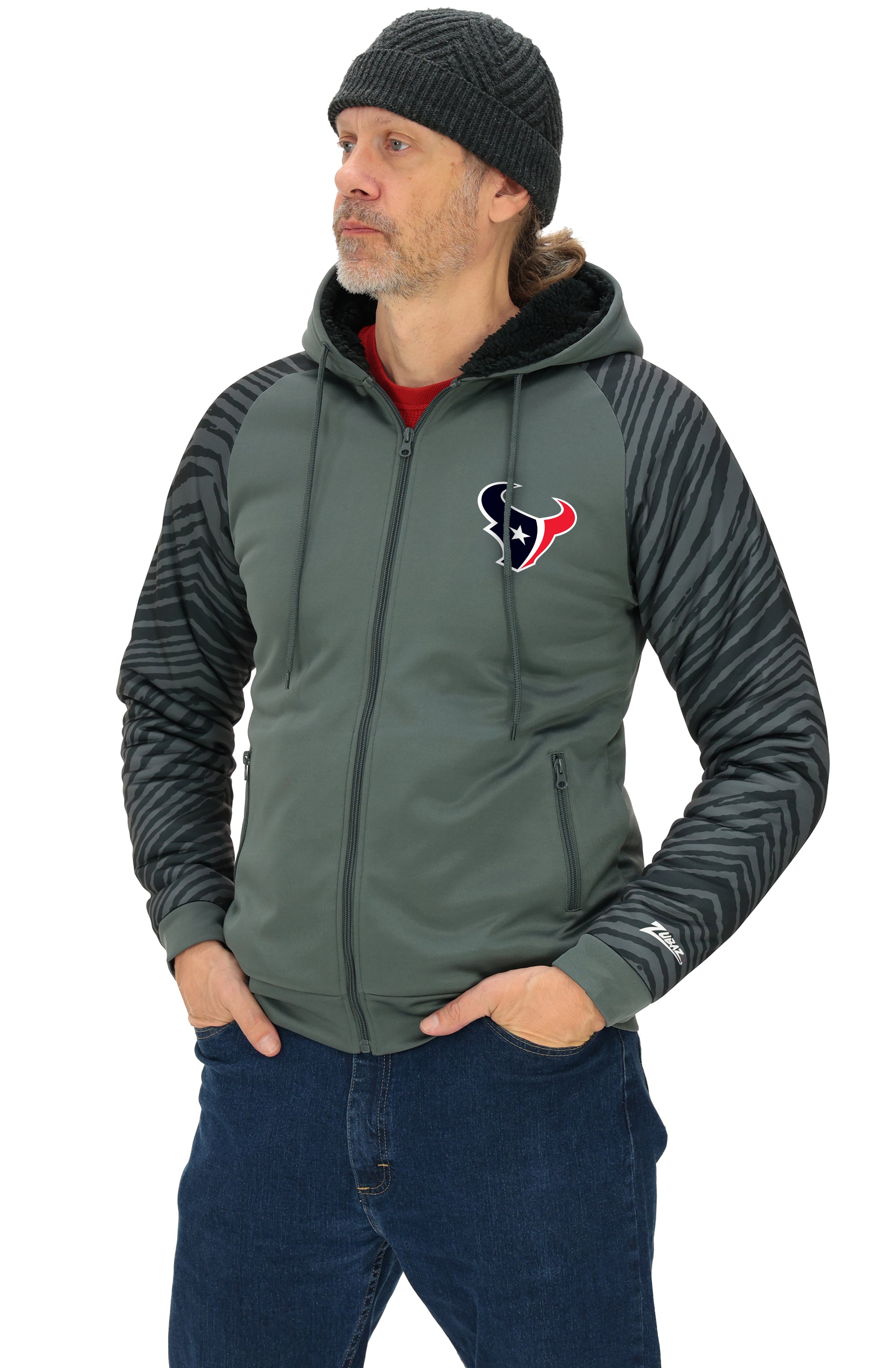 Zubaz NFL Men's Charcoal Tonal Zebra Sherpa Lined Raglan Full Zip Hoodie, HOUSTON TEXANS