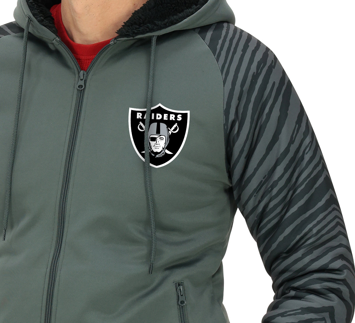 Zubaz NFL Men's Charcoal Tonal Zebra Sherpa Lined Raglan Full Zip Hoodie, LAS VEGAS RAIDERS