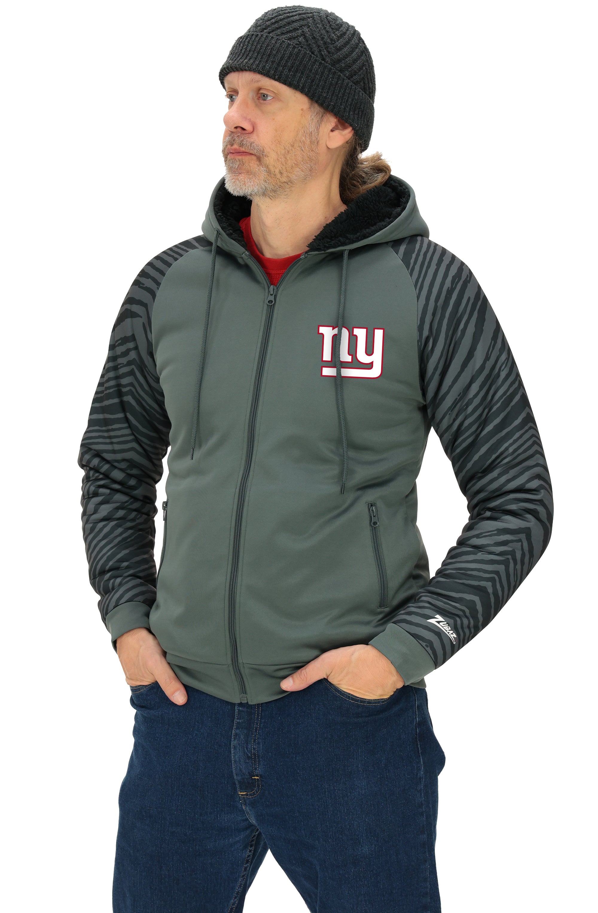 Zubaz NFL Men's Charcoal Tonal Zebra Sherpa Lined Raglan Full Zip Hoodie, NEW YORK GIANTS