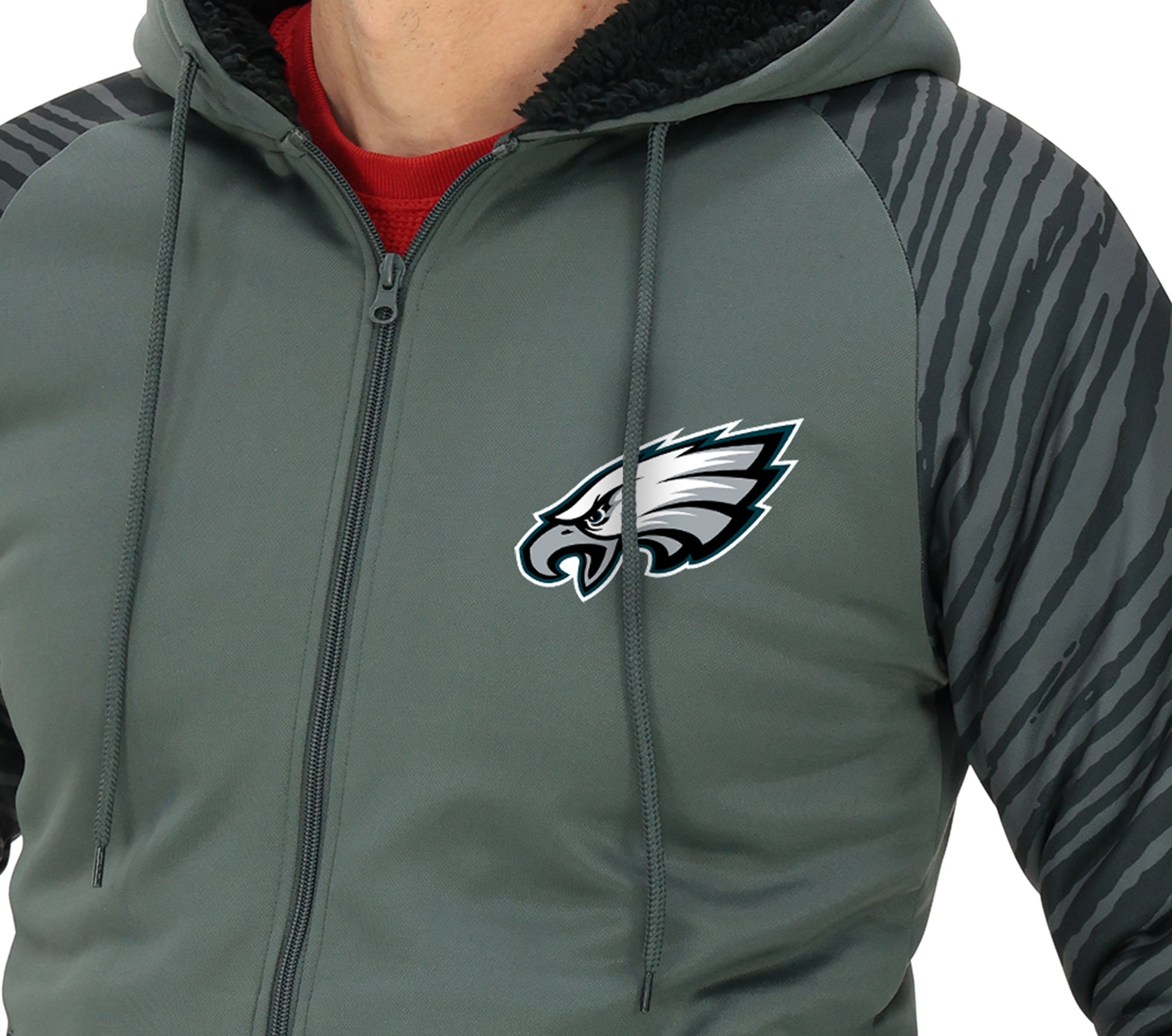 Zubaz NFL Men's Charcoal Tonal Zebra Sherpa Lined Raglan Full Zip Hoodie, PHILADELPHIA EAGLES