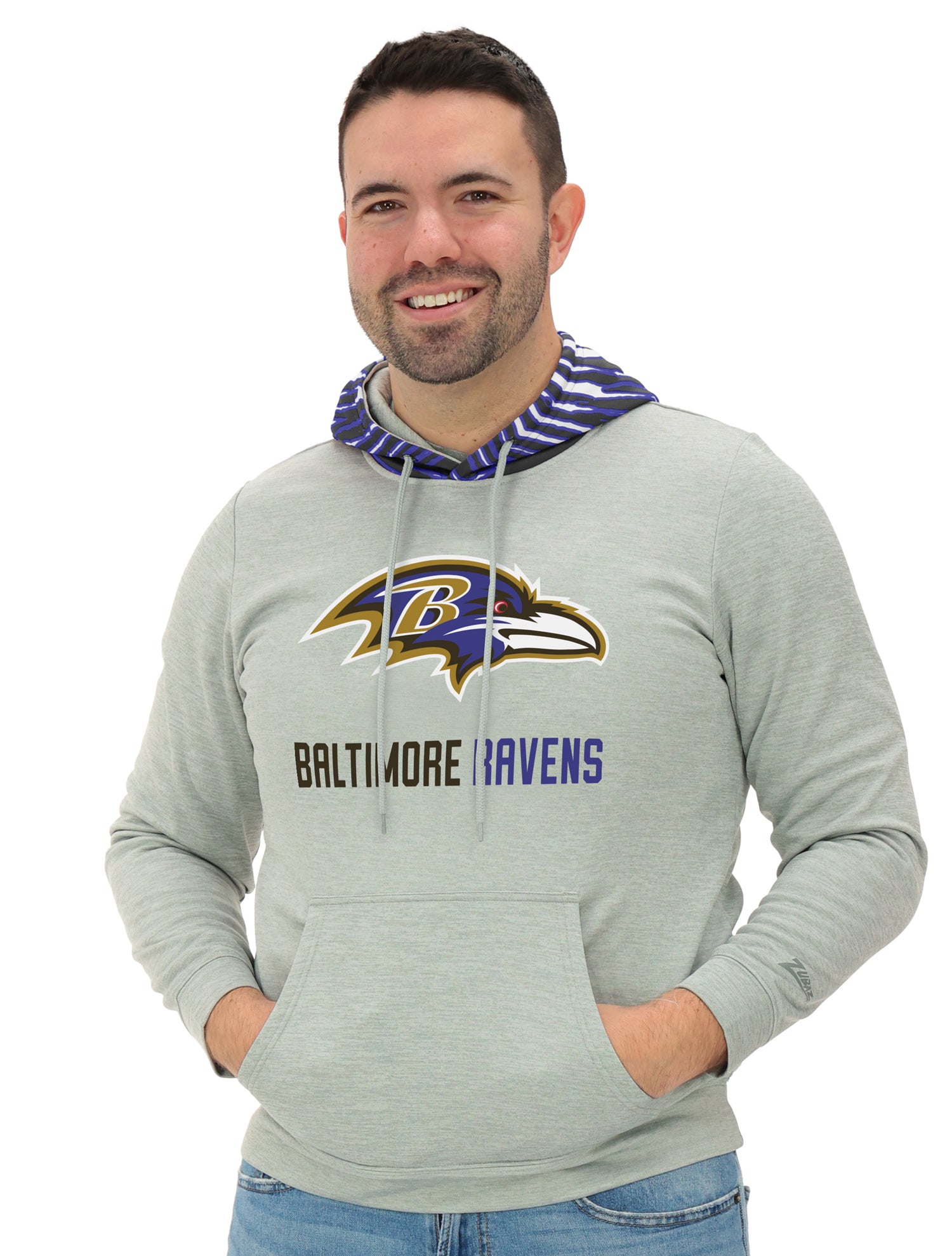 Zubaz NFL Men`s Gray Hoodie with 3C Zebra Hood, BALTIMORE RAVENS