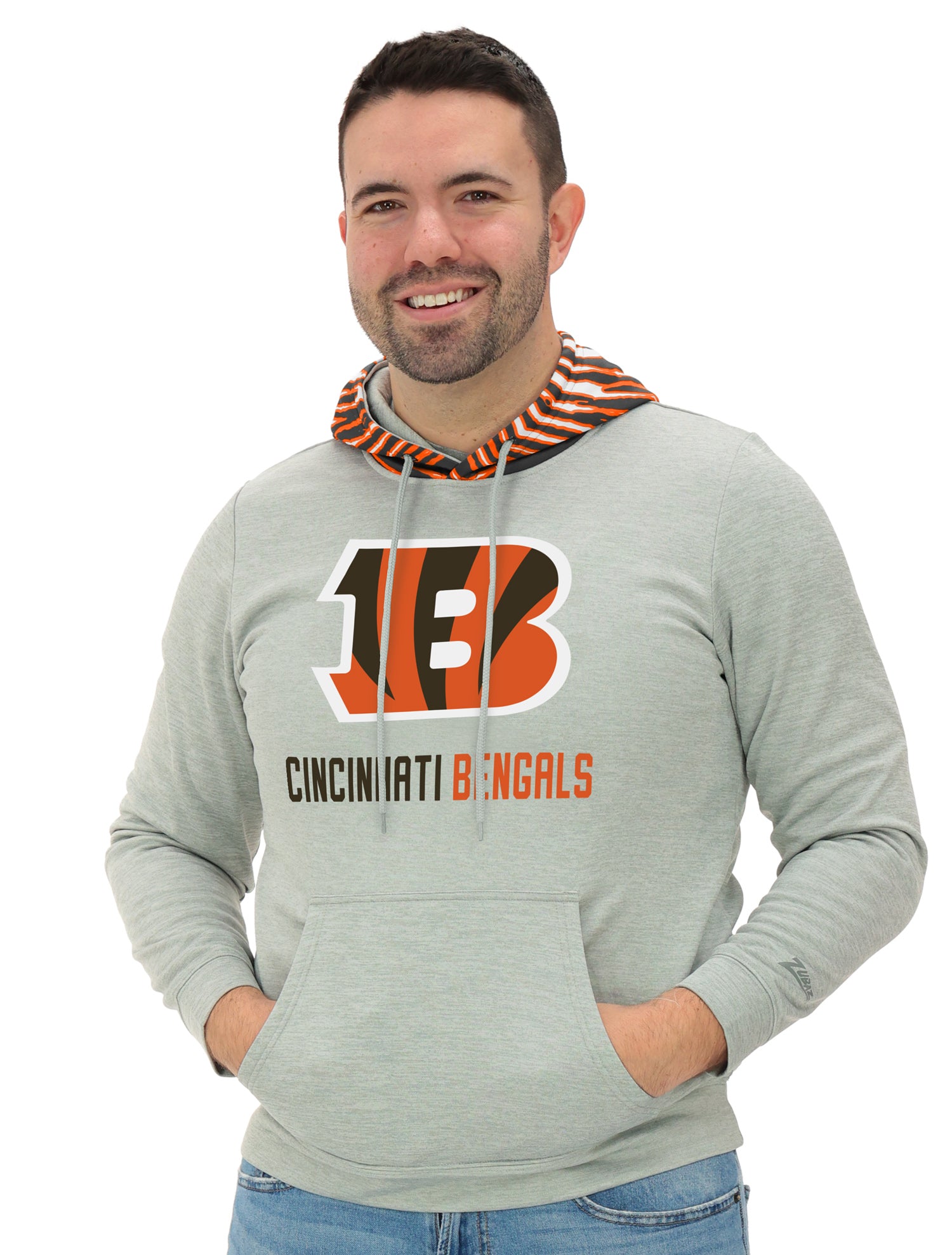 Zubaz NFL Men`s Gray Hoodie with 3C Zebra Hood, CINCINNATI BENGALS
