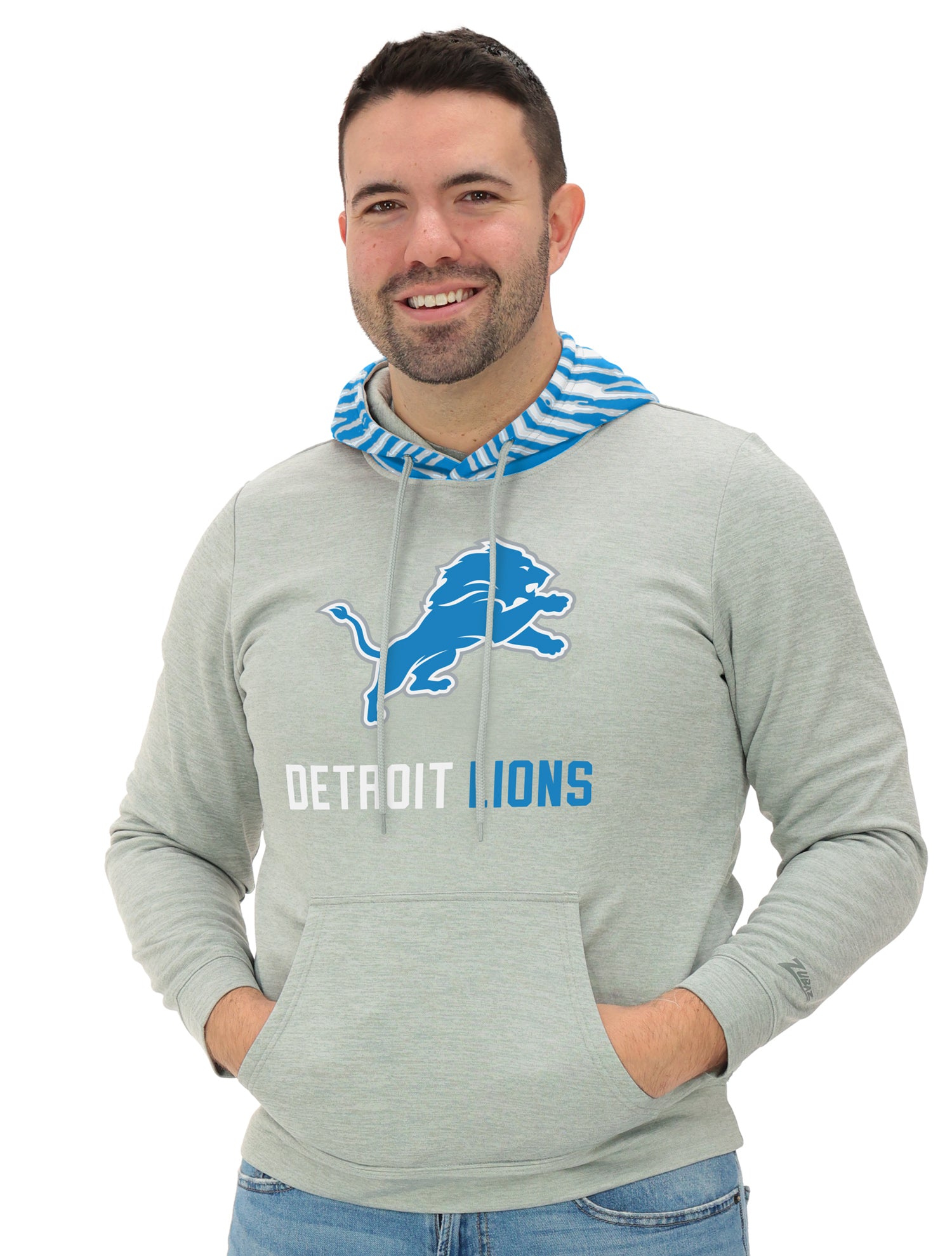 Zubaz NFL Men`s Gray Hoodie with 3C Zebra Hood, DETROIT LIONS