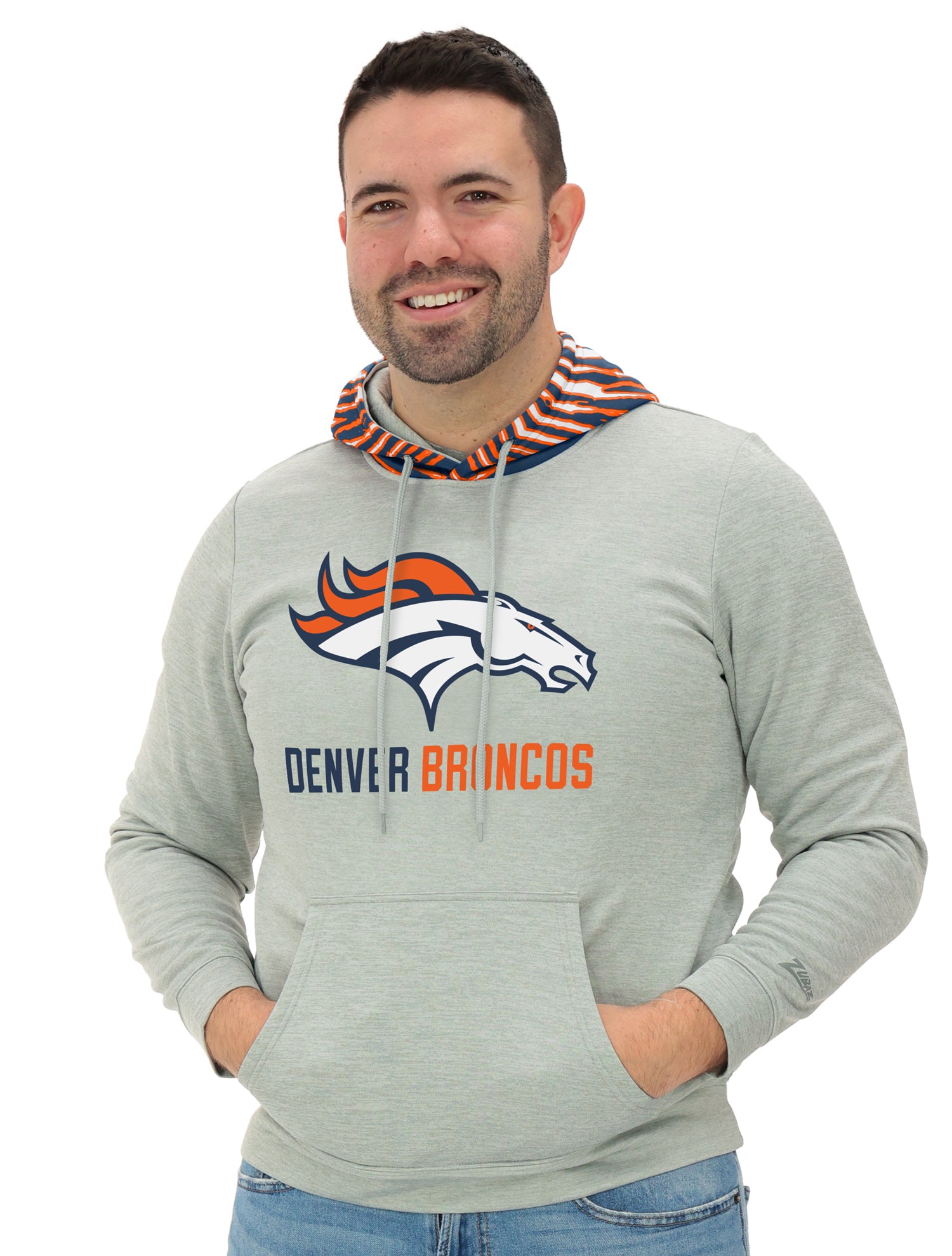 Zubaz NFL Men`s Gray Hoodie with 3C Zebra Hood, DENVER BRONCOS
