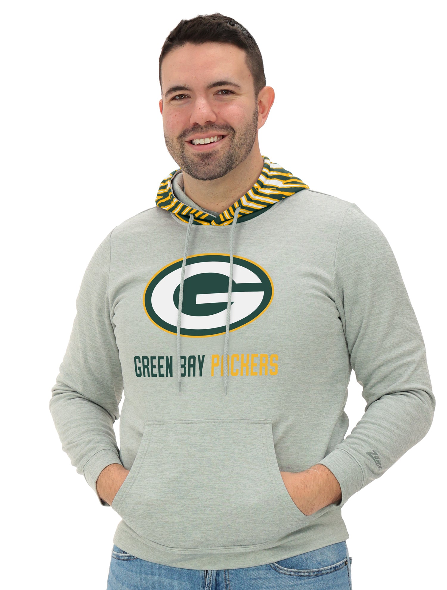 Zubaz NFL Men`s Gray Hoodie with 3C Zebra Hood, GREEN BAY PACKERS