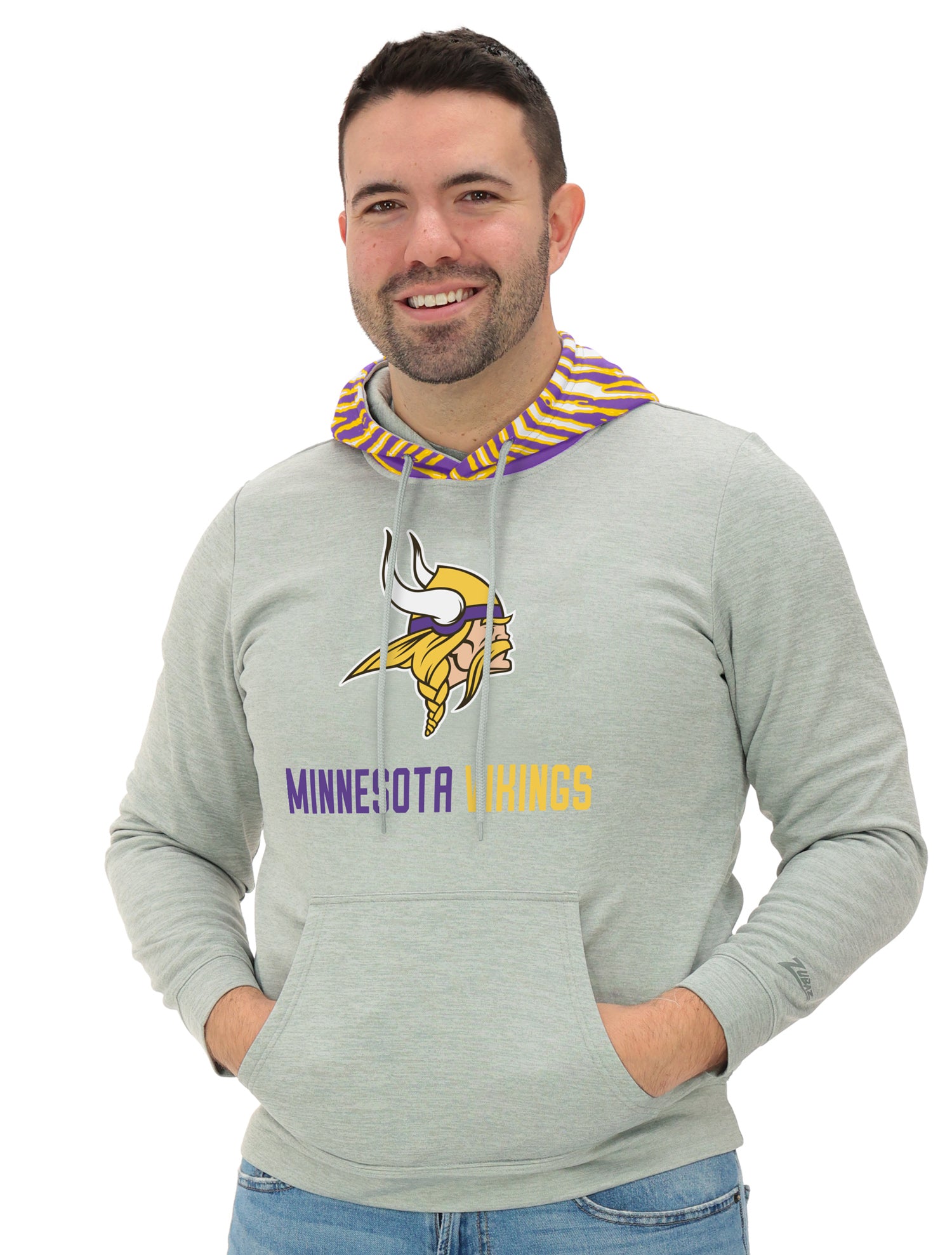 Zubaz NFL Men`s Gray Hoodie with 3C Zebra Hood, MINNESOTA VIKINGS