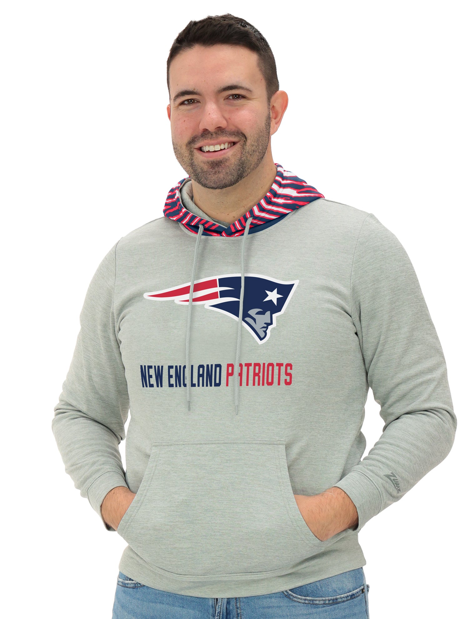Zubaz NFL Men`s Gray Hoodie with 3C Zebra Hood, NEW ENGLAND PATRIOTS