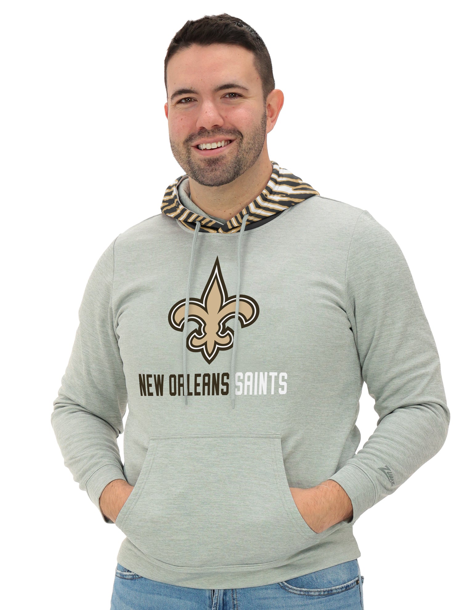 Zubaz NFL Men`s Gray Hoodie with 3C Zebra Hood, NEW ORLEANS SAINTS