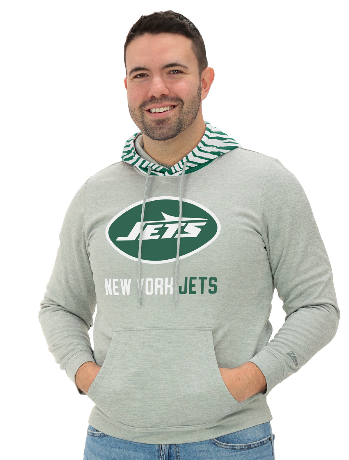 Zubaz NFL New York Jets Men's Gray 3 Color Zebra-Hood Hoodie