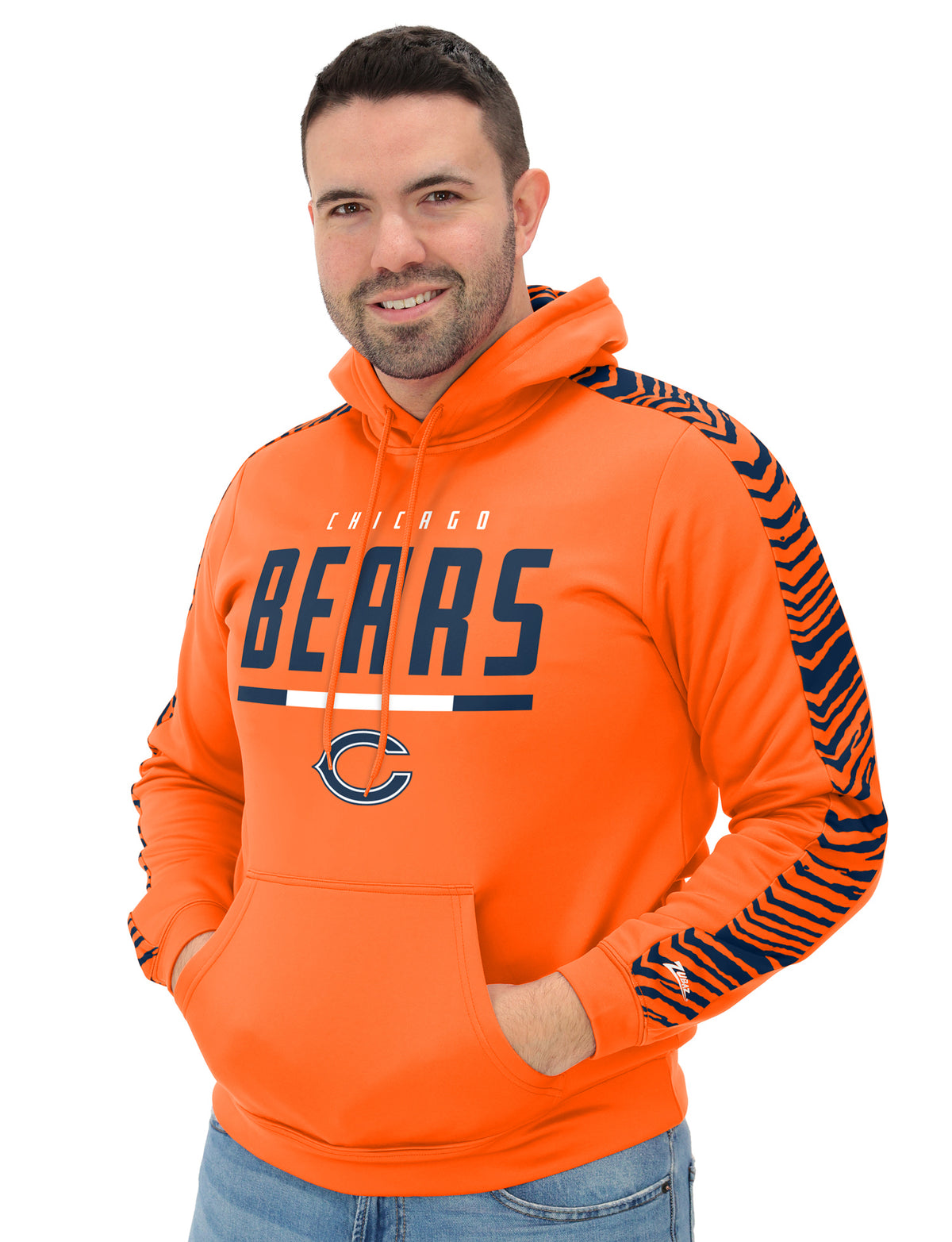 Zubaz NFL Men's Linebacker Alternate Color 2 Color Zebra Sleeve Panel Hoodie, CHICAGO BEARS - Official NFL Bears Zubaz Appa