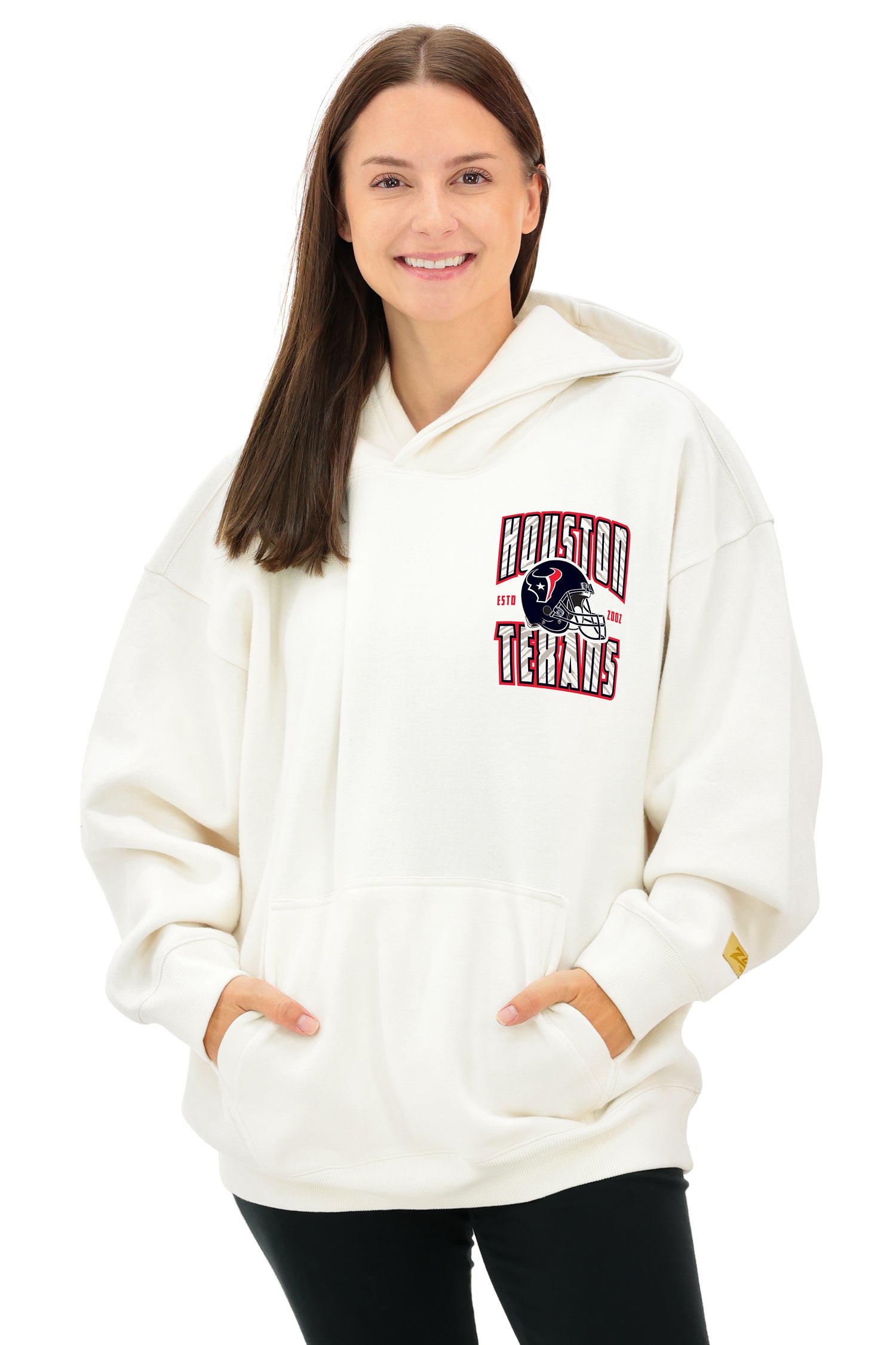 Zubaz NFL UNISEX 90s Helmet Drop Shoulder Hoodies-Off White, HOUSTON TEXANS