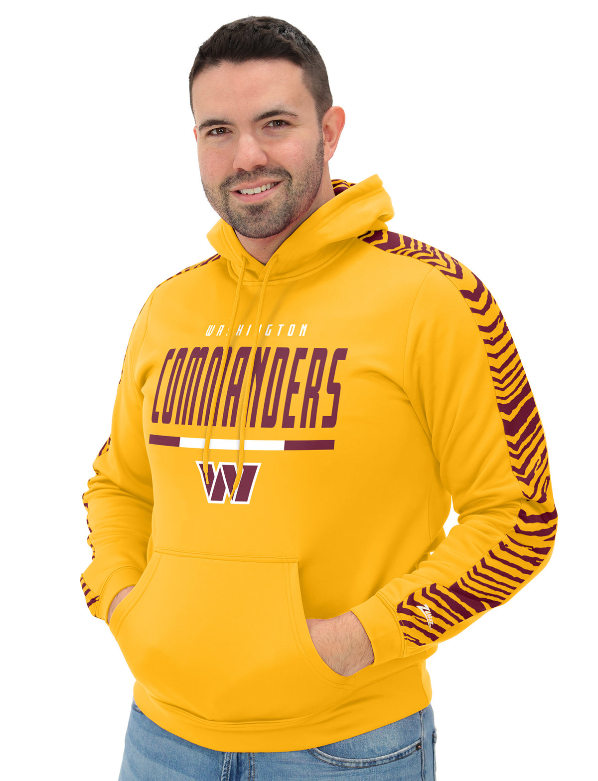 Zubaz NFL Men's Linebacker Alternate Color 2 Color Zebra Sleeve Panel Hoodie, WASHINGTON COMMANDERS - Official NFL Commande